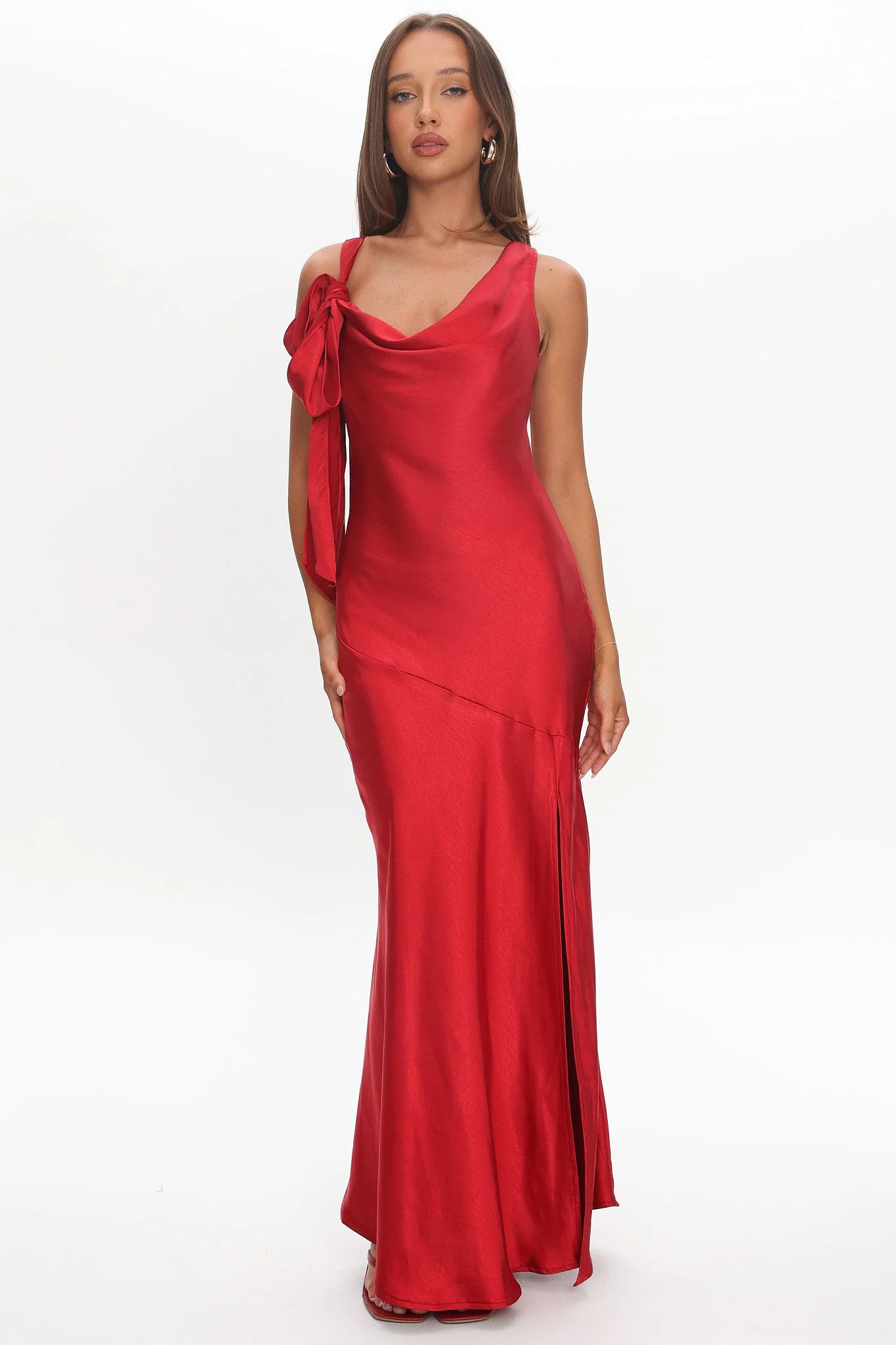 Averie Bow Shoulder Split Midi Dress Red - elegeleges