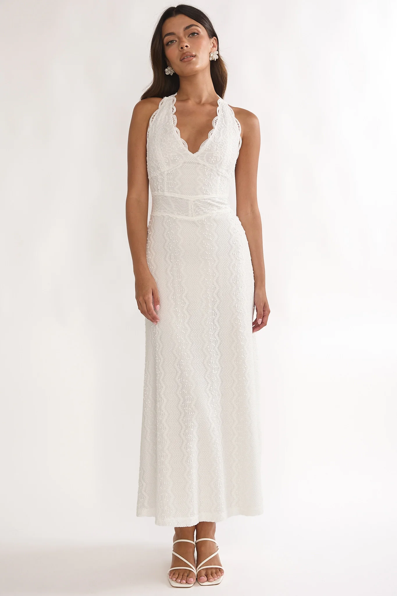 Beaucoup Lace Overlay Halterneck Maxi Dress Cream - luluinthesky