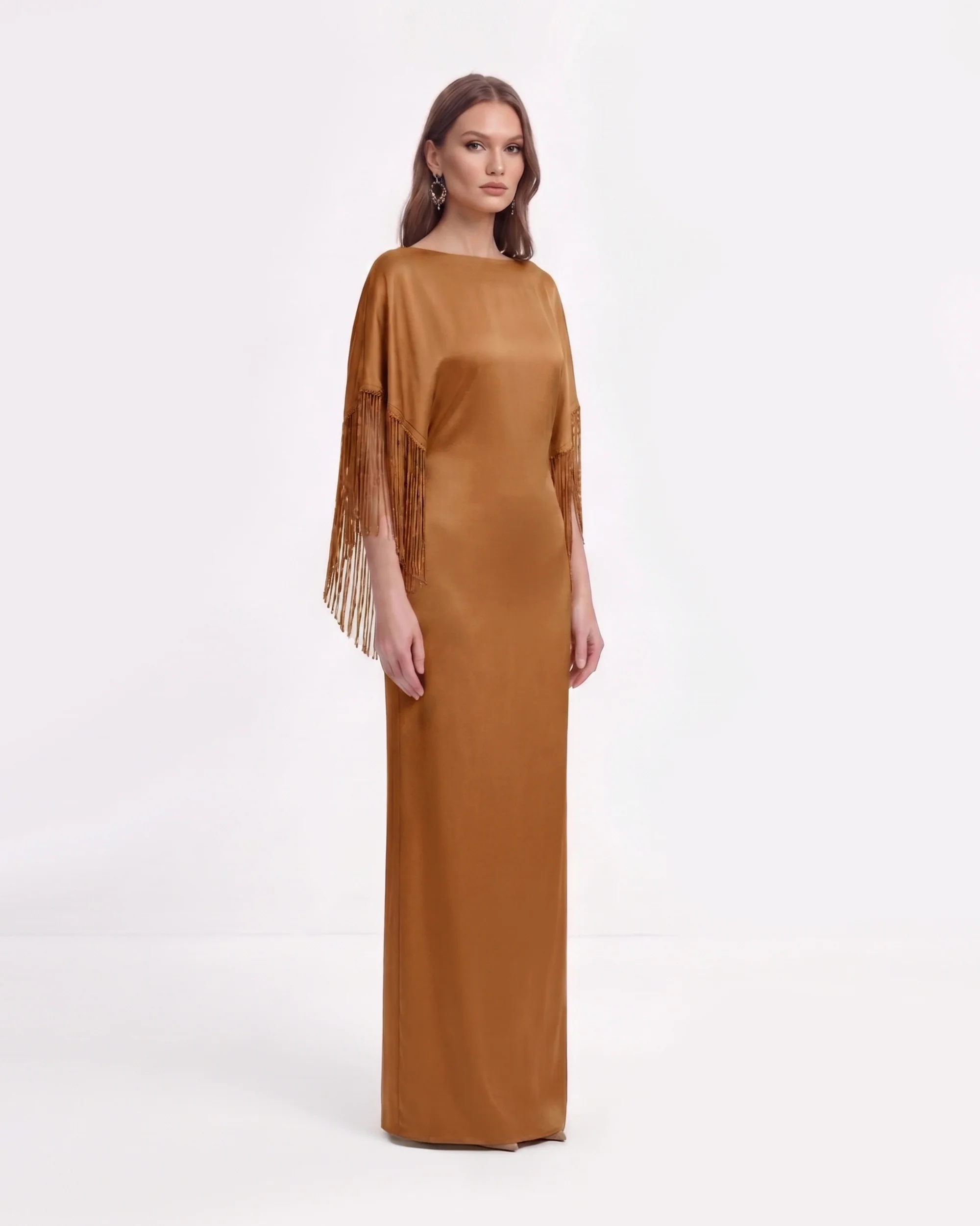 Fringe Cape Satin Maxi Dress - Caramel Brown - FASHION NOB