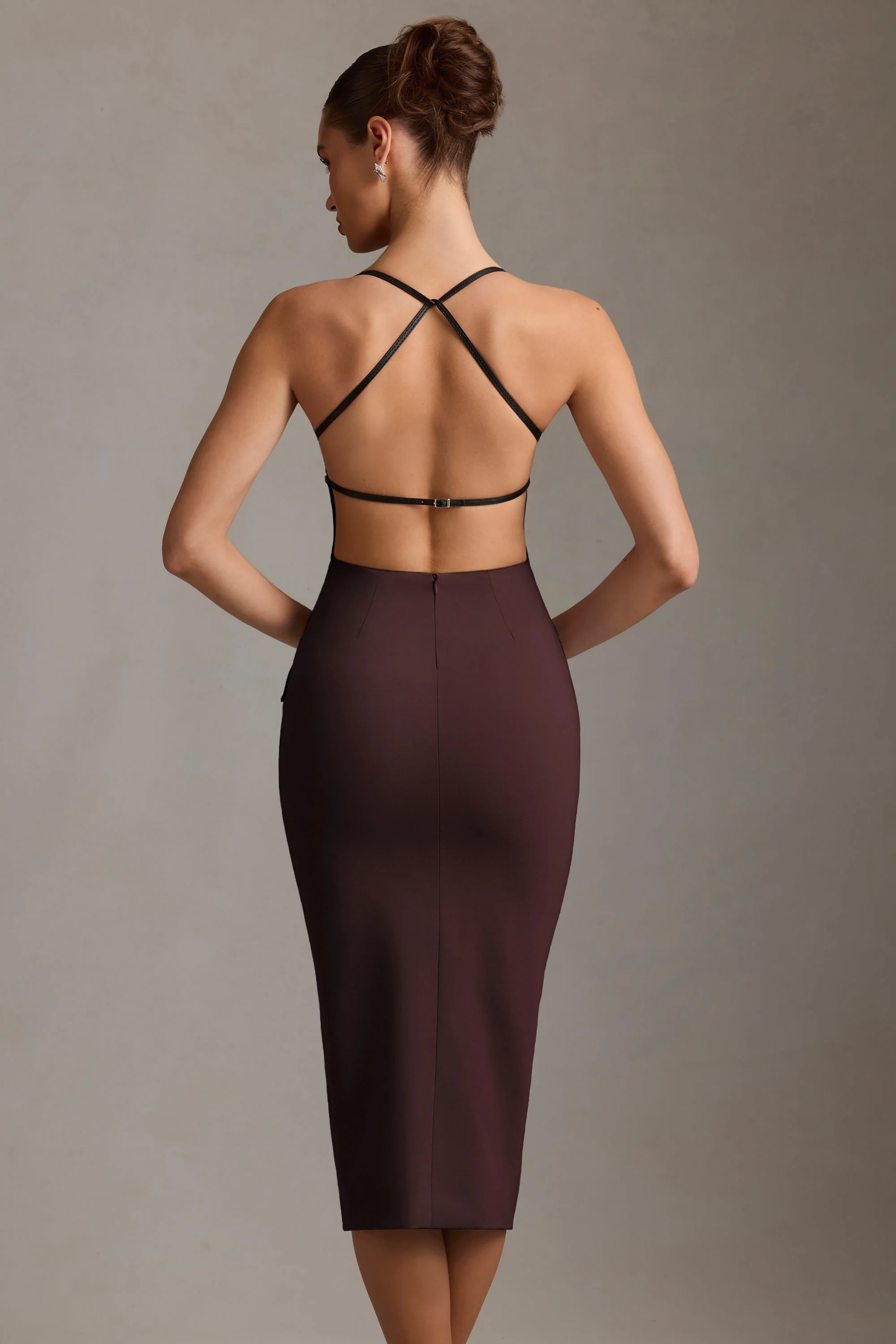 Plunge-Neck Backless Midaxi Dress in Chocolate Brown