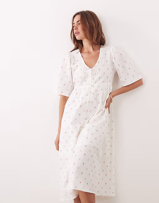 JDY v neck button down midi dress in cream with red ditsy print