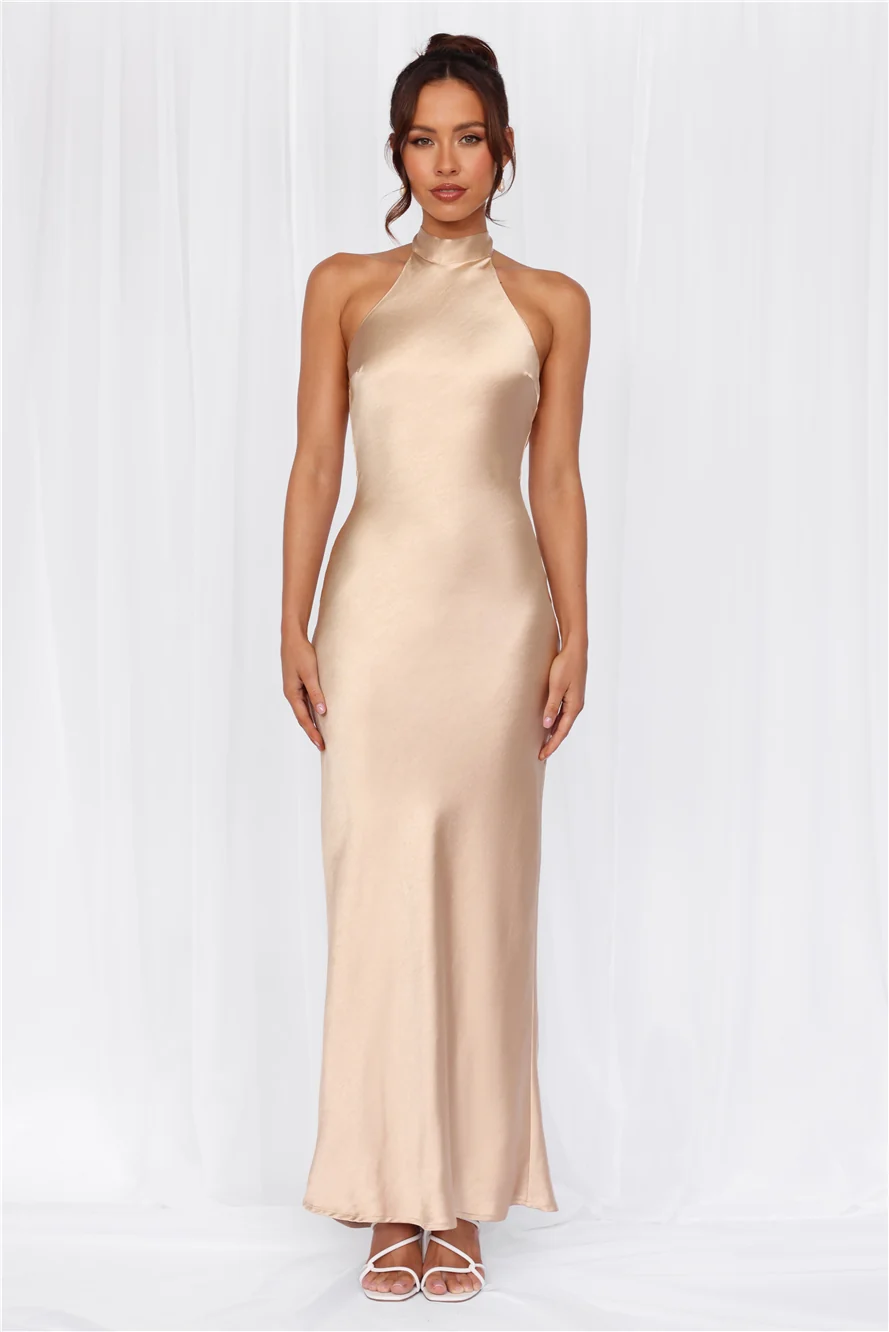 The Cleo Halter Satin Maxi Dress Champagne