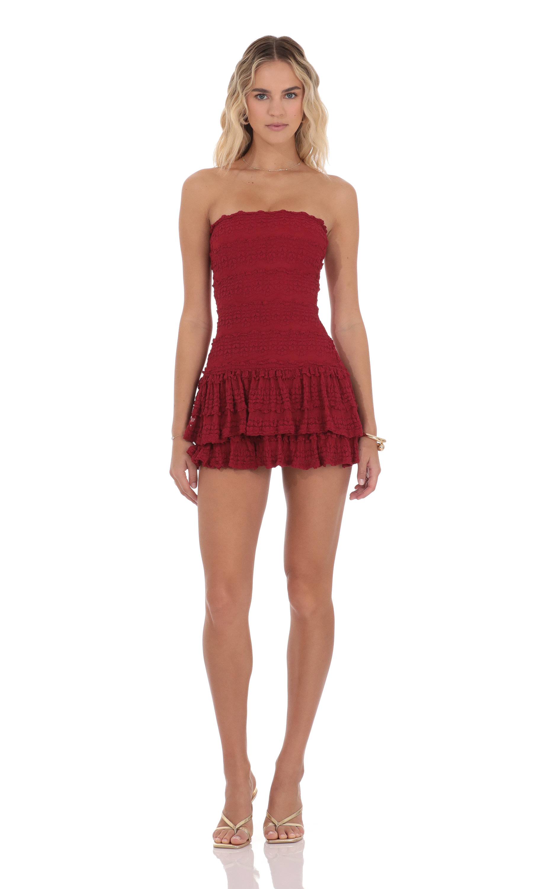 Strapless Lace Ruffle Dress in Red - luluinthesky