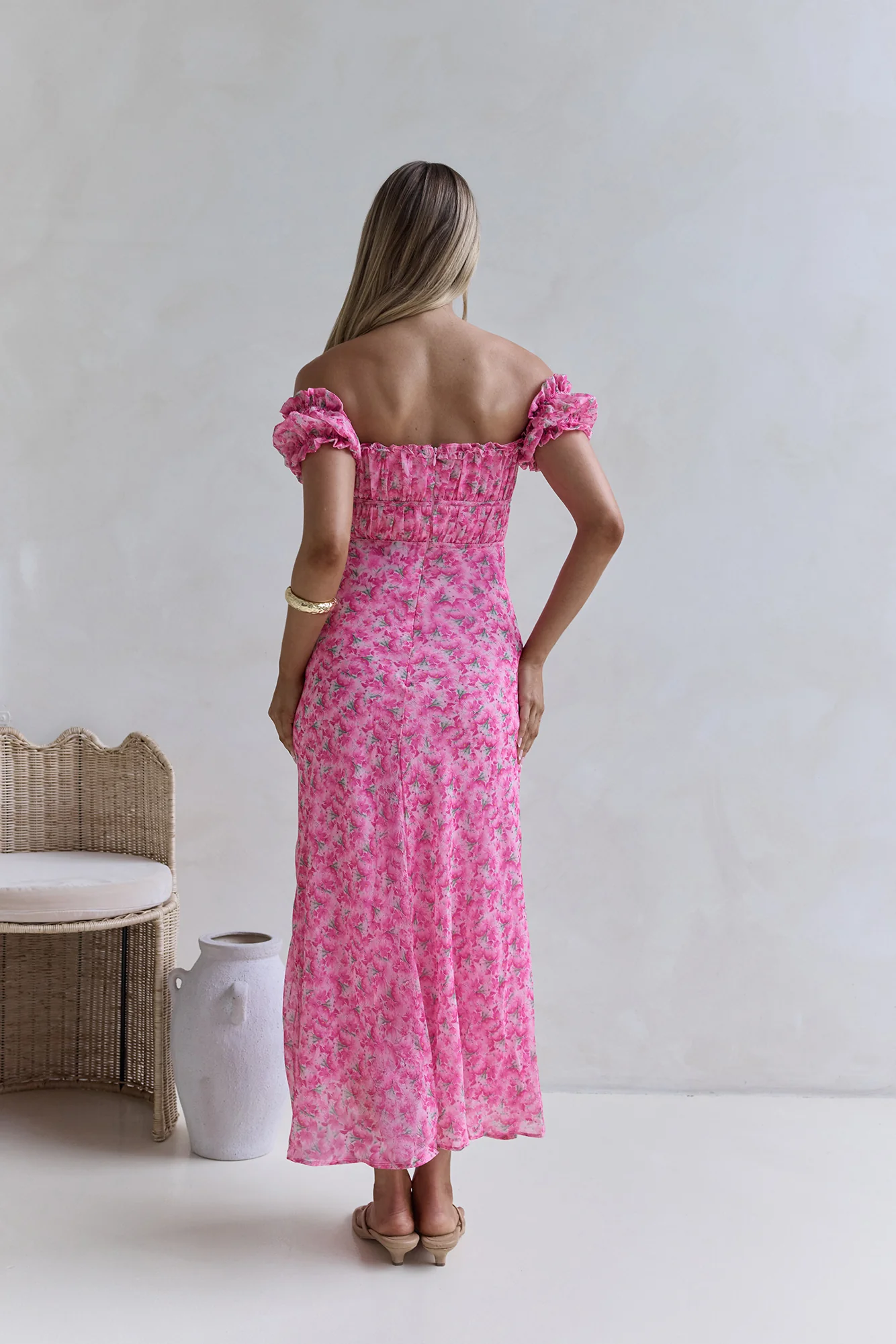 Kissed By The Sun Off Shoulder Maxi Dress Pink