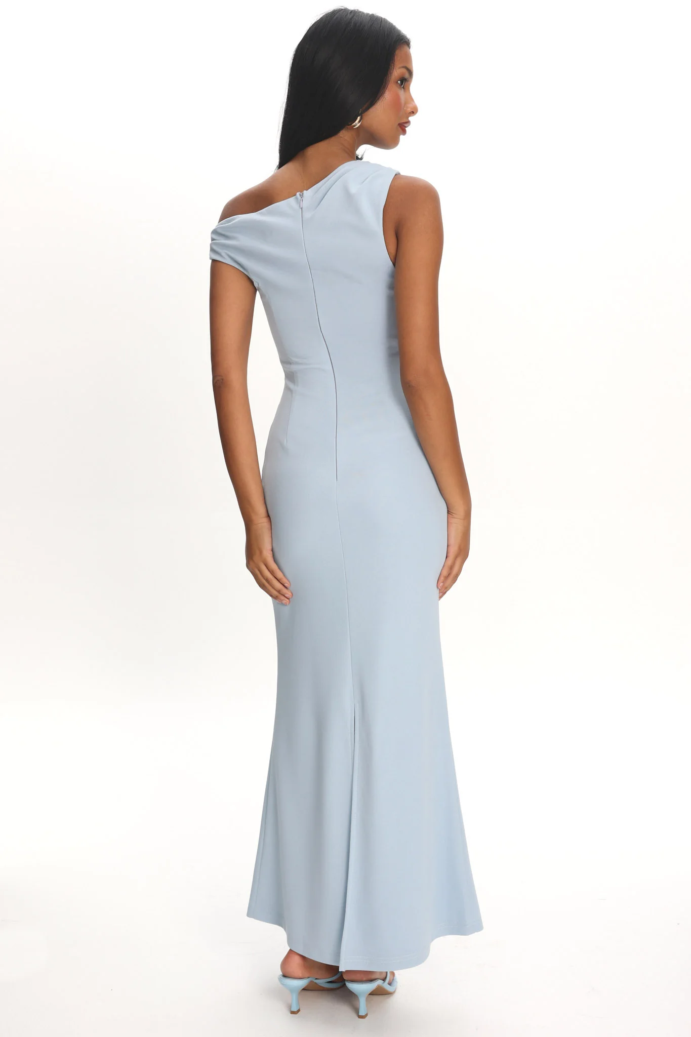 Lylah Asymmetric Neckline Mesh Maxi Dress Light Blue - luluinthesky