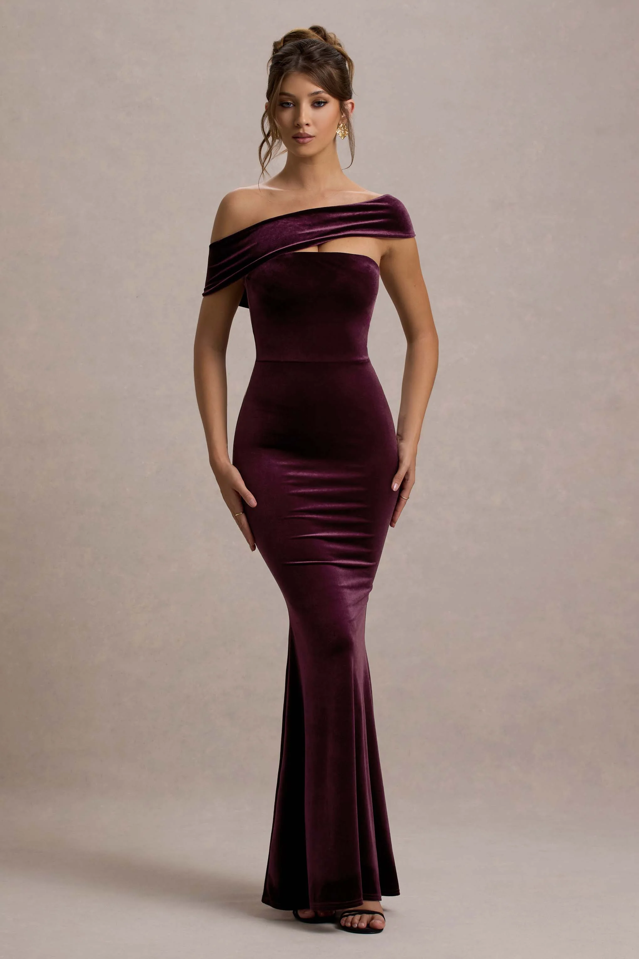 Candela | Port Velvet Asymmetric Bardot Maxi Dress