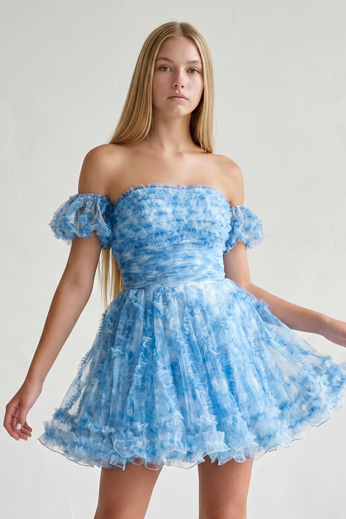 Blue Puff Sleeves Ruffles A-line Prints Homecoming Dress