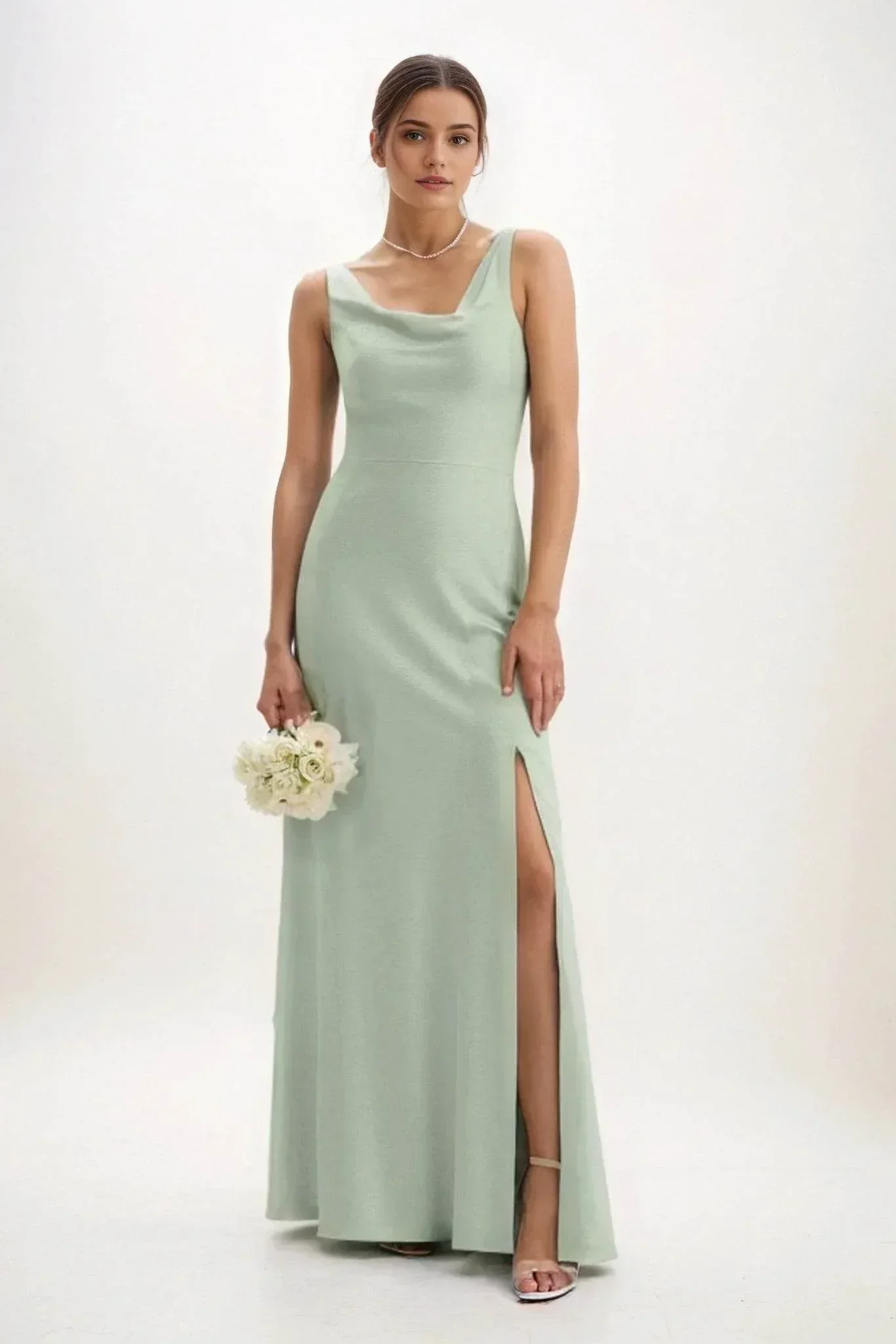Sheath-Column Maxi Luxe Satin Bridesmaid Dress CB0816