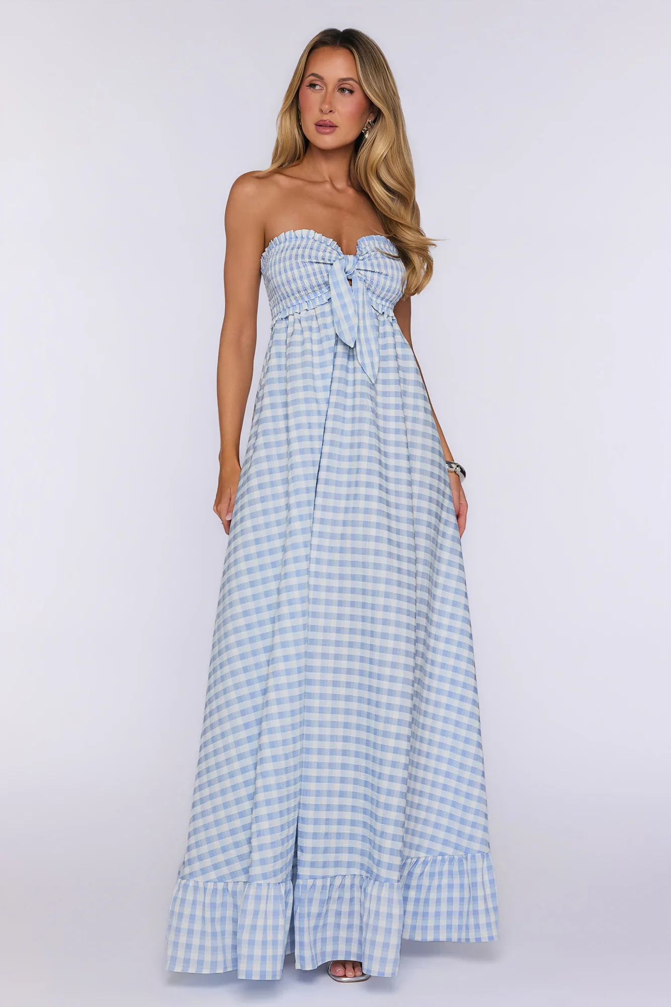 Picnic Perfect Look Strapless Gingham Maxi Dress Blue