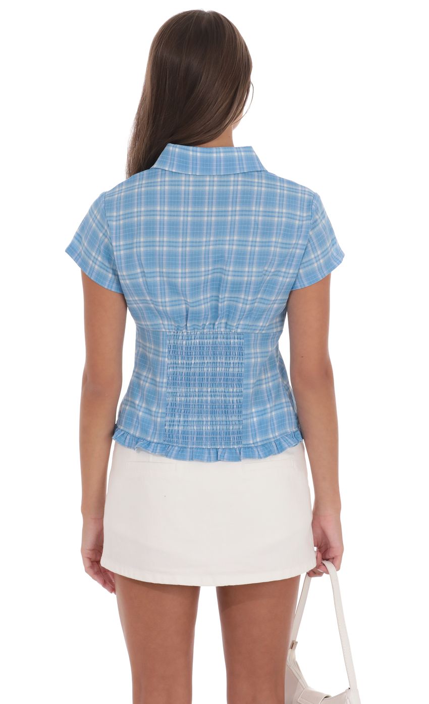 Plaid Button-Up Ruffle Top in Blue