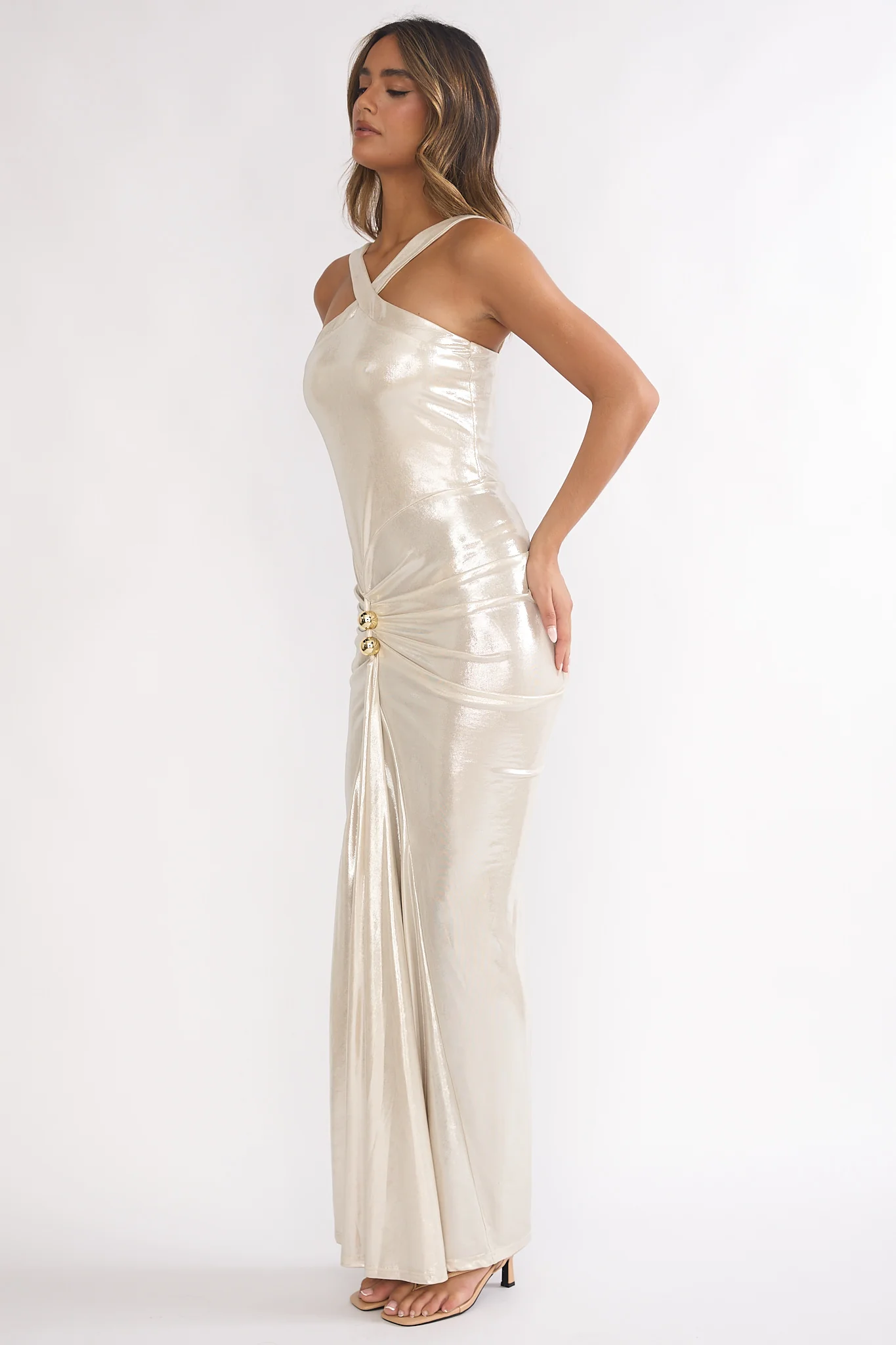 Delaina Ruched Waist Gold Accent Maxi Dress Pearl - luluinthesky