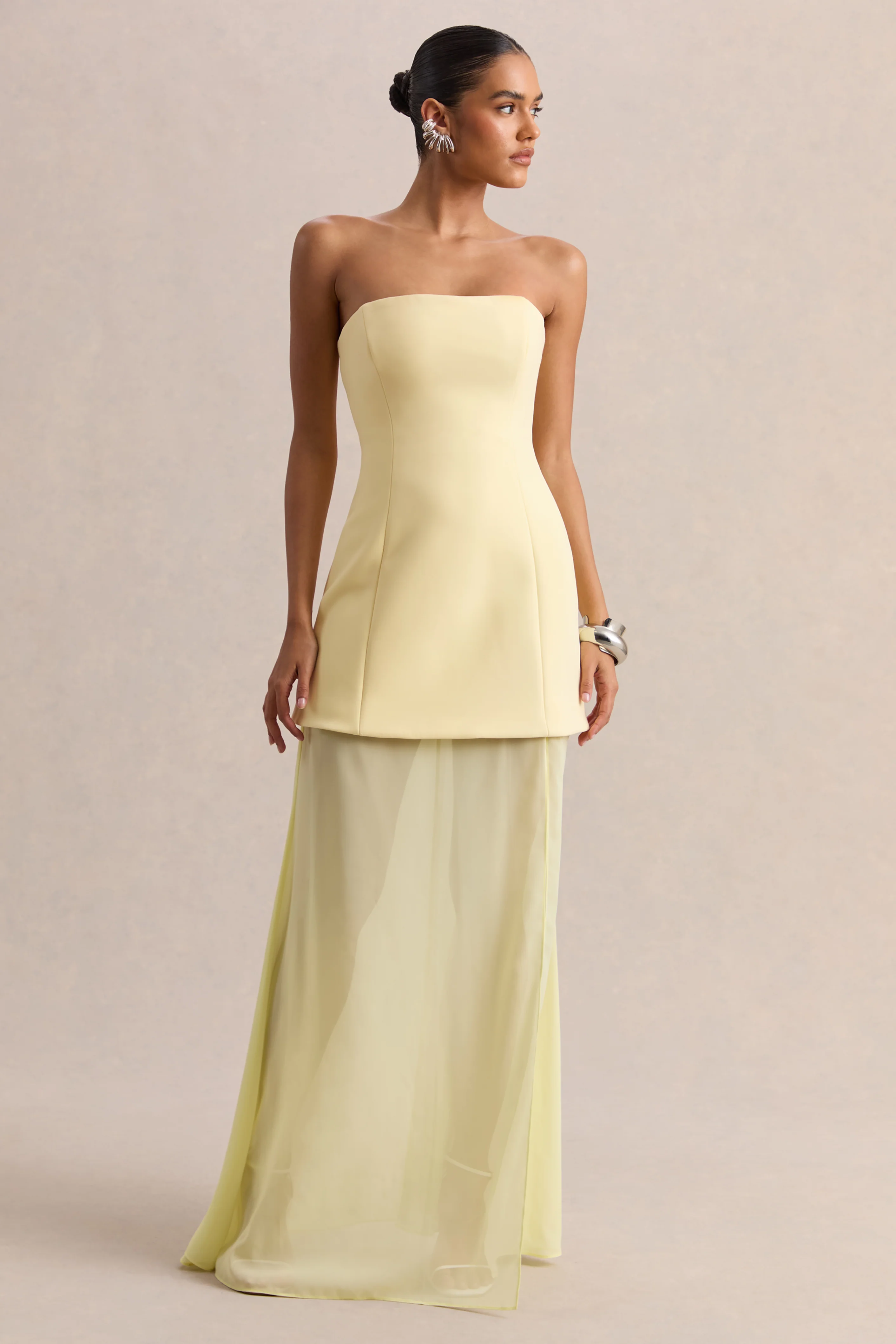 Chessa | Lemon Boat-Neck Maxi Dress With Sheer Cape