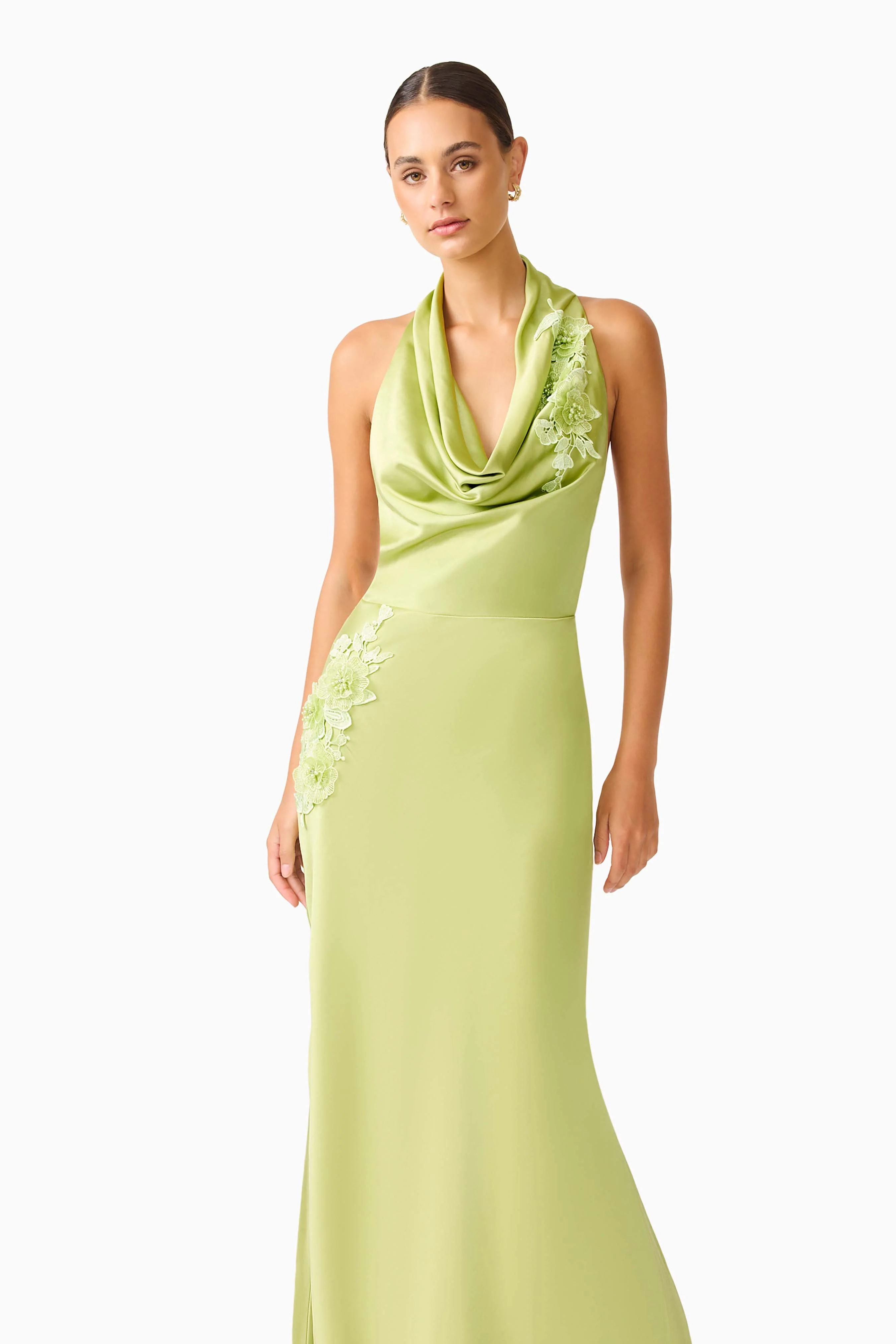 Florea Cowl Neck Gown in Pistachio Green