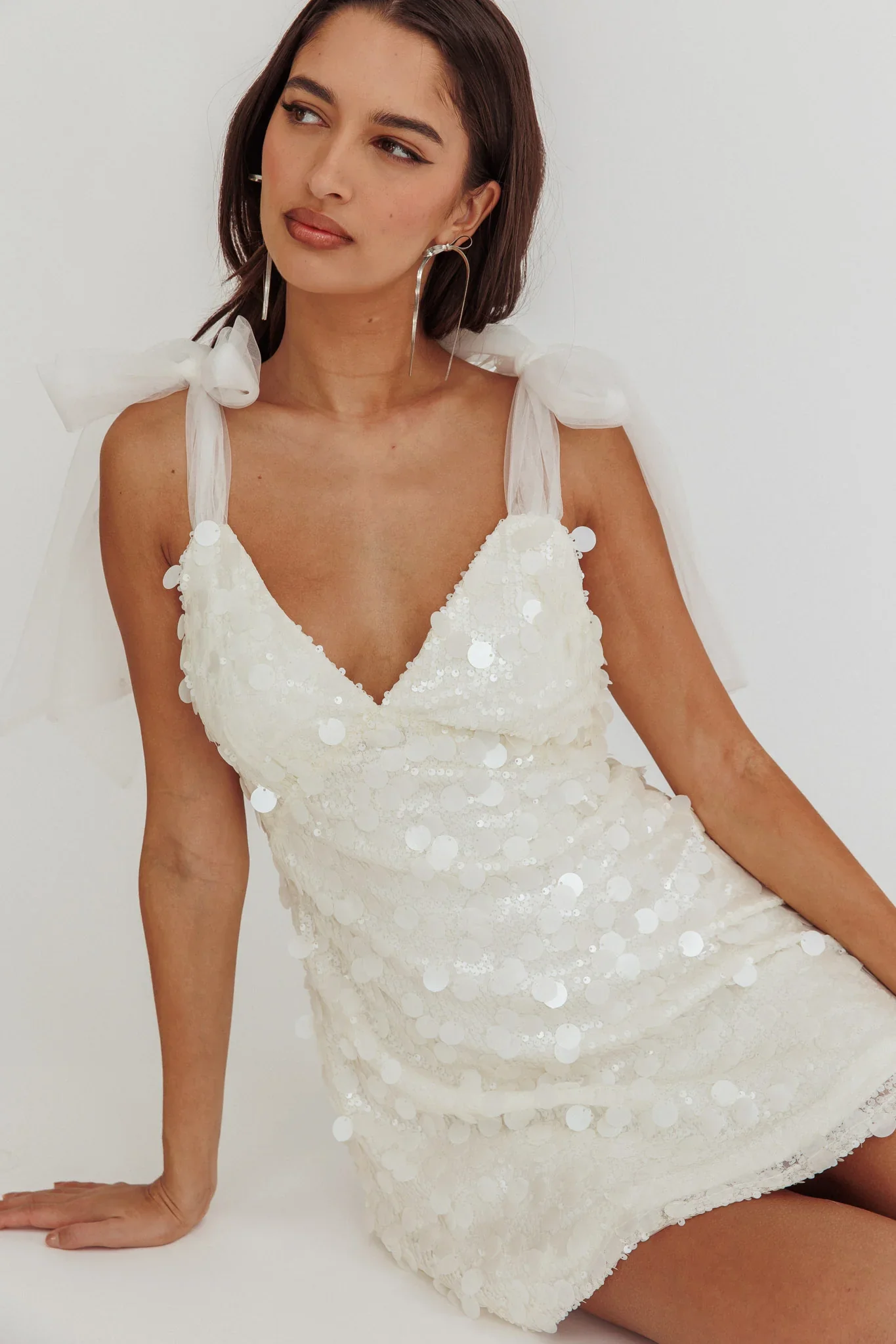 Mykonos Morning Tied Shoulder Sequin Mini Dress White - luluinthesky