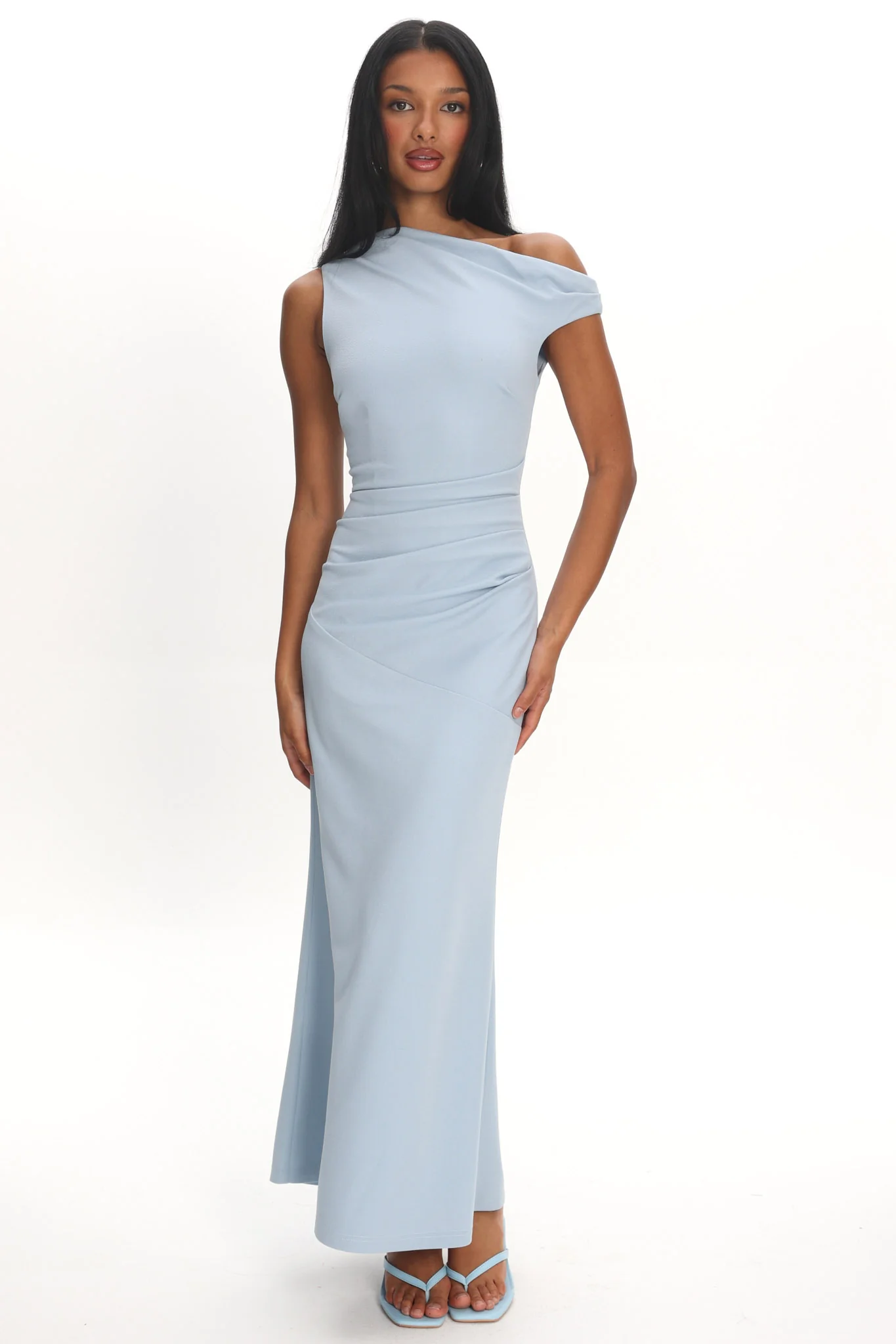Lylah Asymmetric Neckline Mesh Maxi Dress Light Blue - luluinthesky