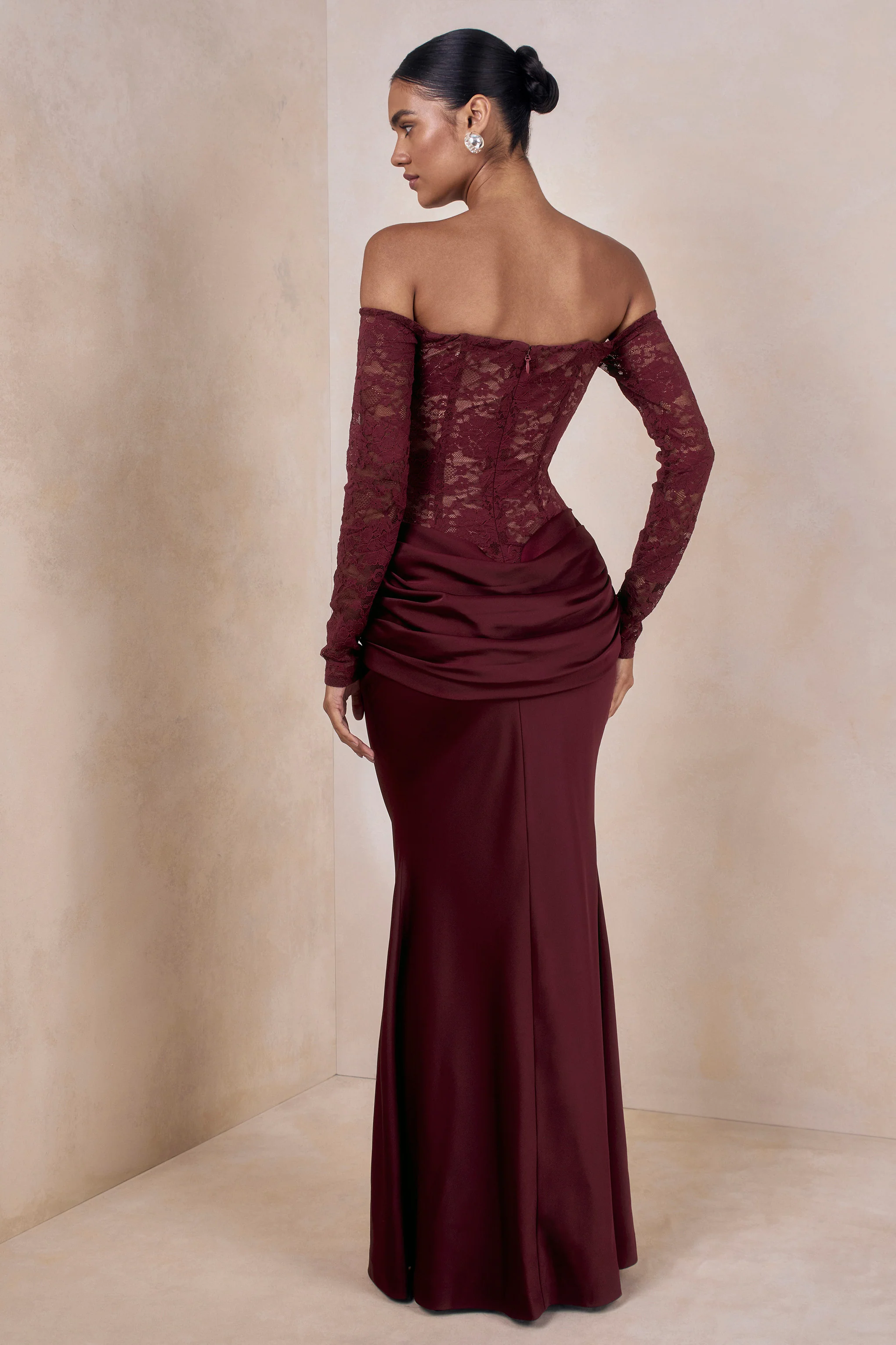 Rinna | Burgundy Lace Bardot-Neck Maxi Dress