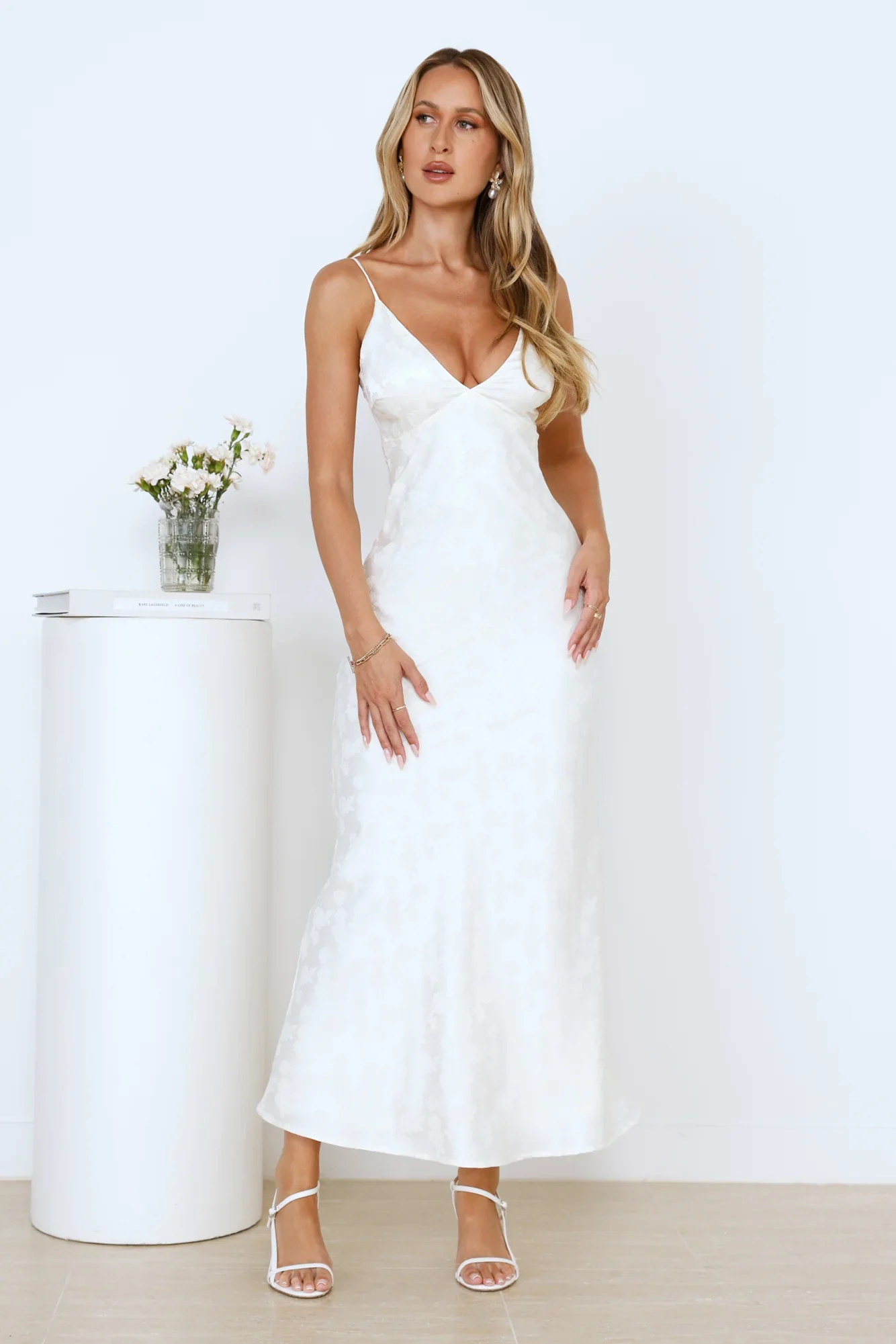 Floral Kiss Satin Maxi Dress Beige - luluinthesky