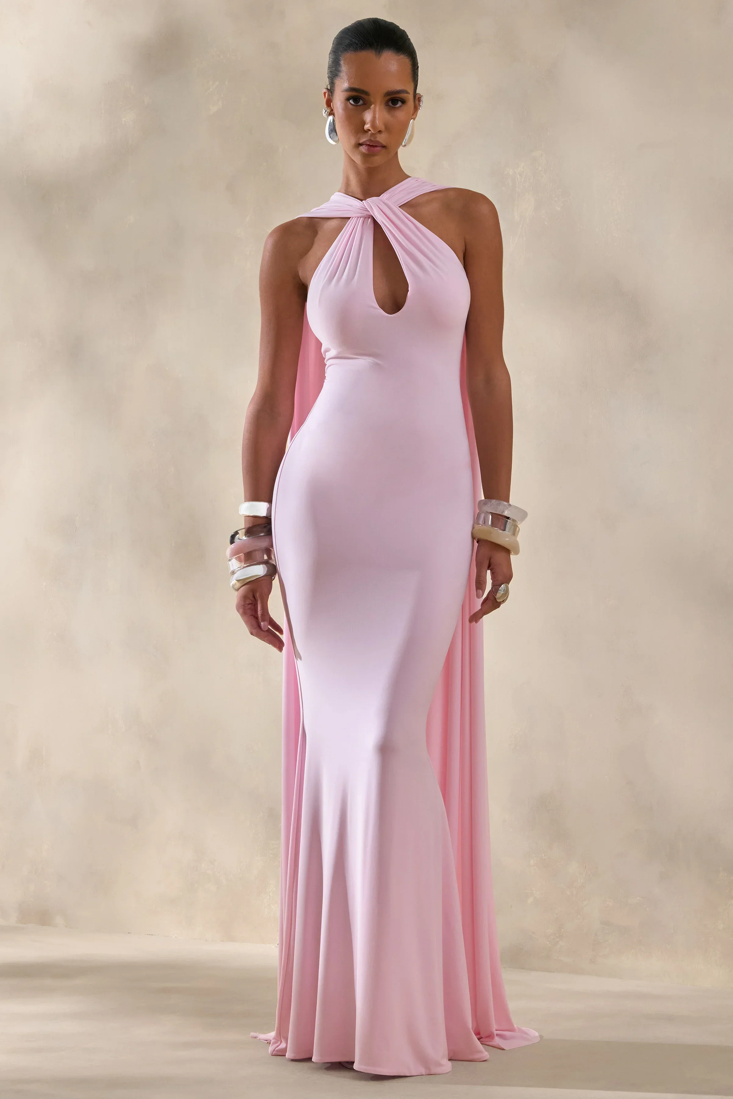Rhoda | Light Pink Twist Halter-Neck Cape Maxi Dress