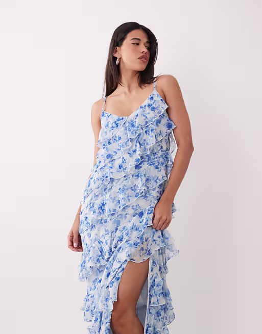 VILA asymmetric frill maxi dress with side split in blue floral print