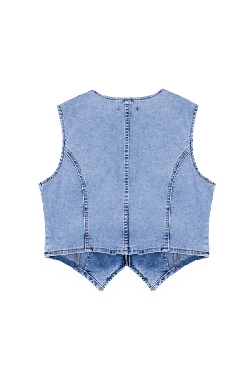 Lace Trim Zip Front Denim Vest
