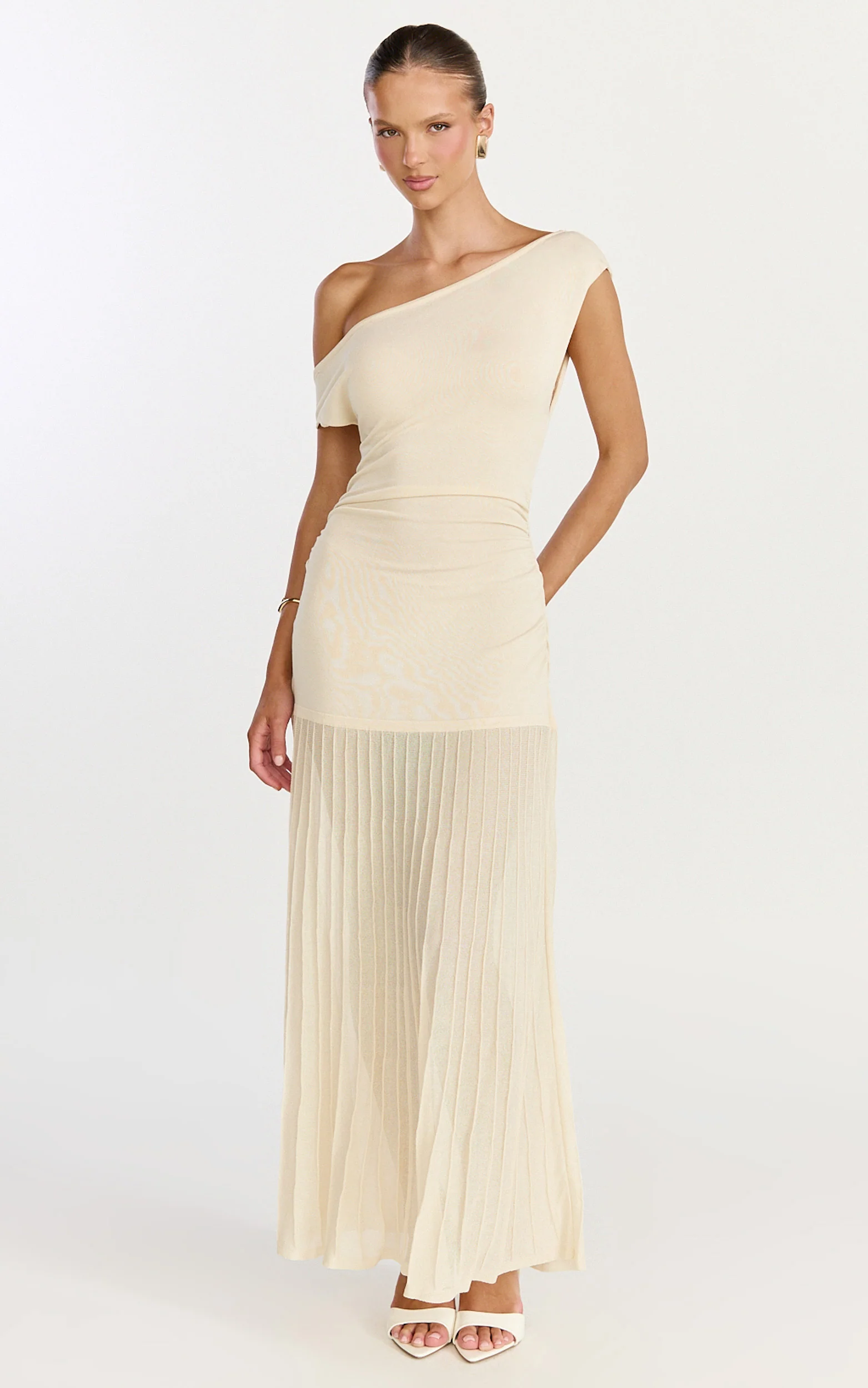 Roxy Maxi Dress - One Shoulder Pleated Skirt Knitted Dress in Cream