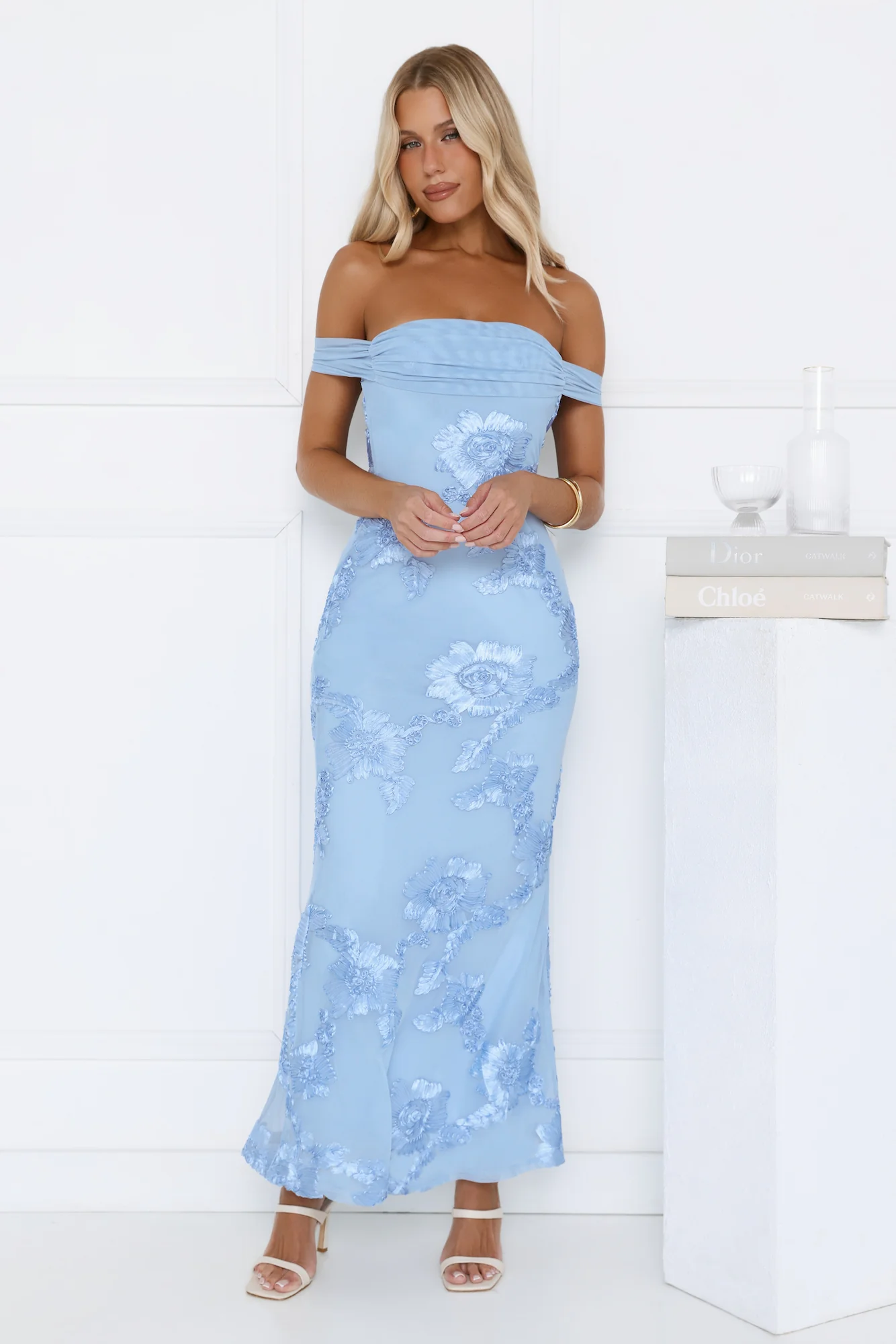 Lush Bloom Embroidered Off Shoulder Maxi Dress Blue