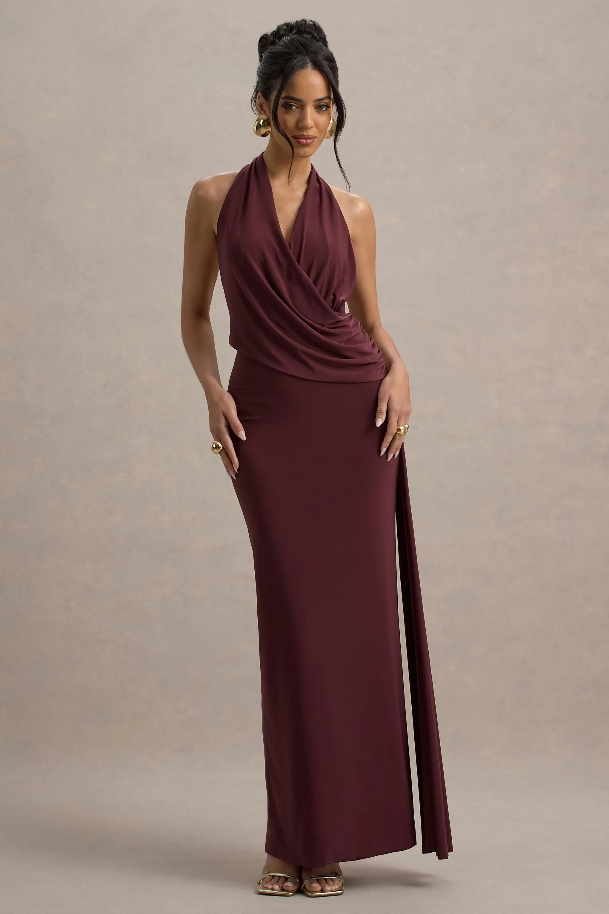 Rosina | Burgundy Halter-Neck Draped Maxi Dress With Sash