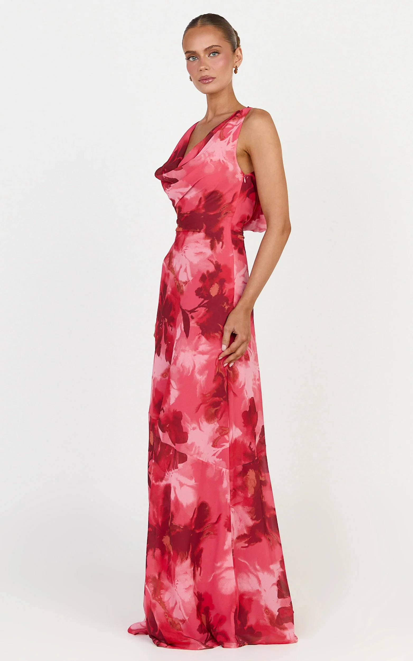 Maila Maxi Dress - Draped Cowl Neckline Dress in Maila Red Floral Print