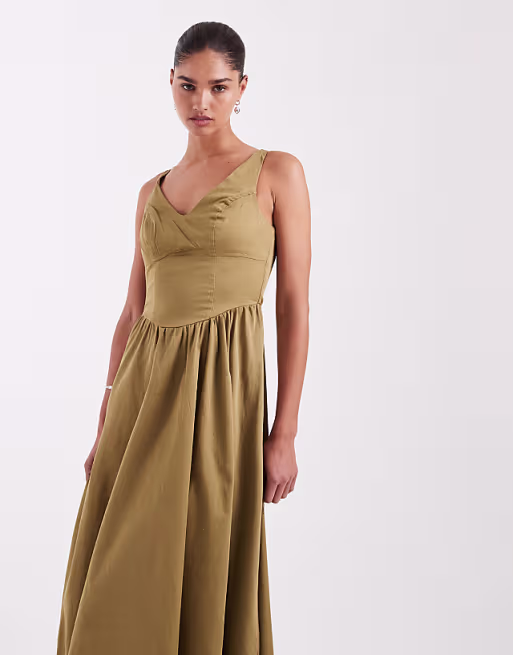 waisted V-neck maxi dress with seaming details in olive