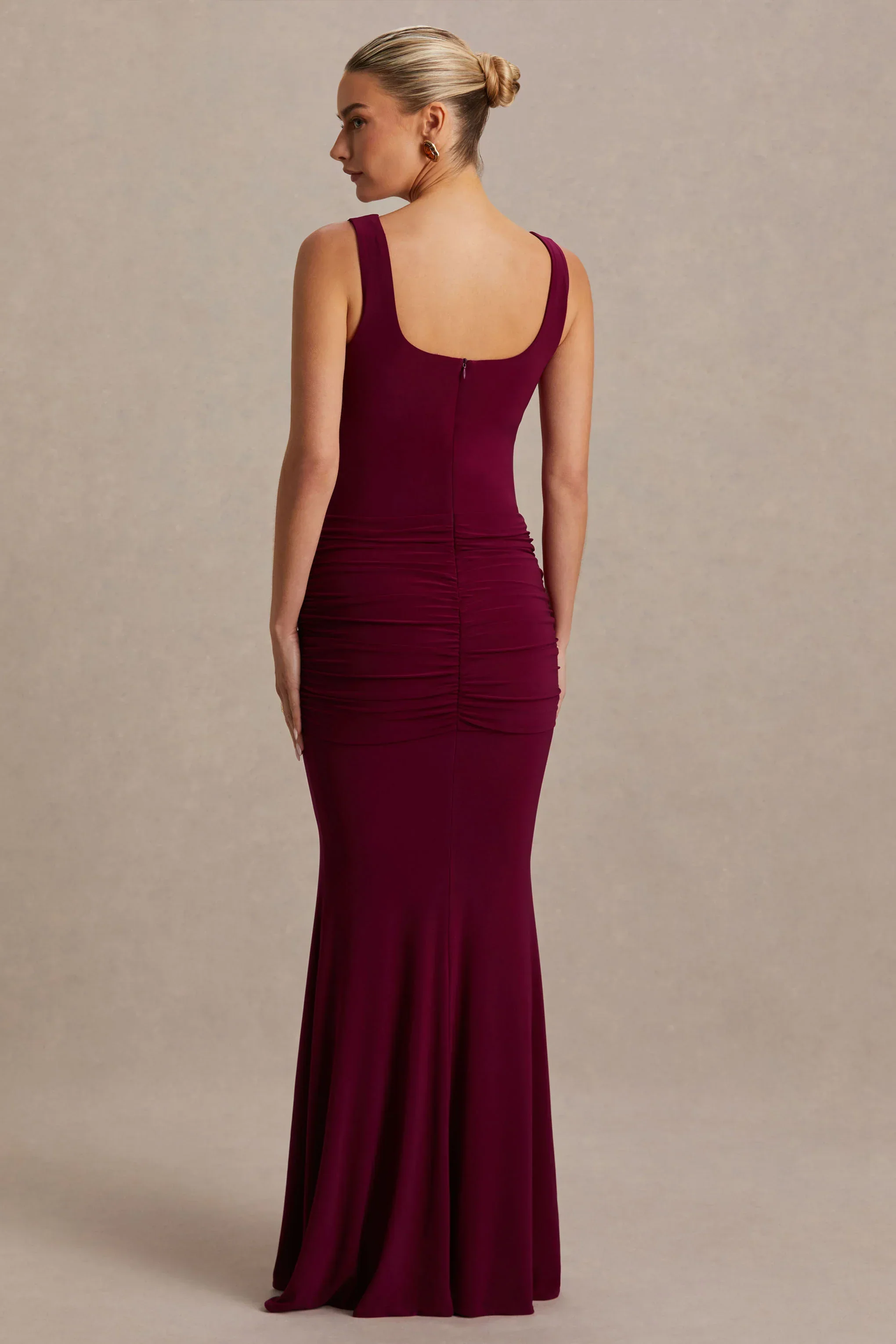 Baylin | Burgundy Square-Neck Maternity Maxi Dress With Ruched Detailing And Sash