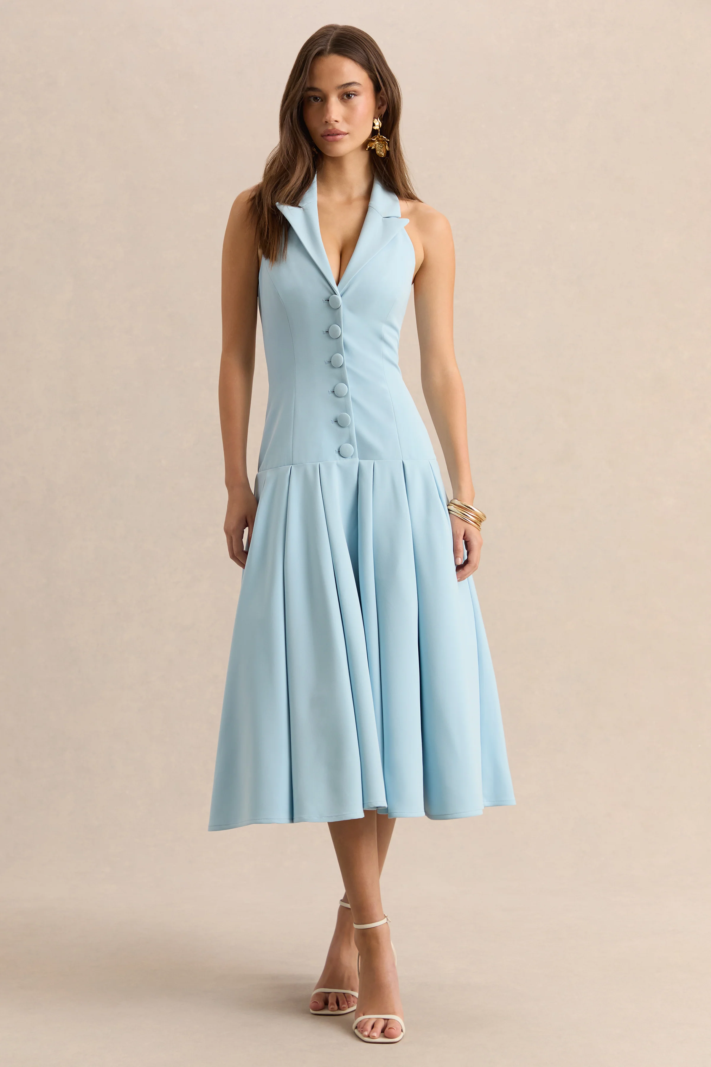 Elise | Powder Blue Plunge-Neck Midi Dress With Drop-Waist