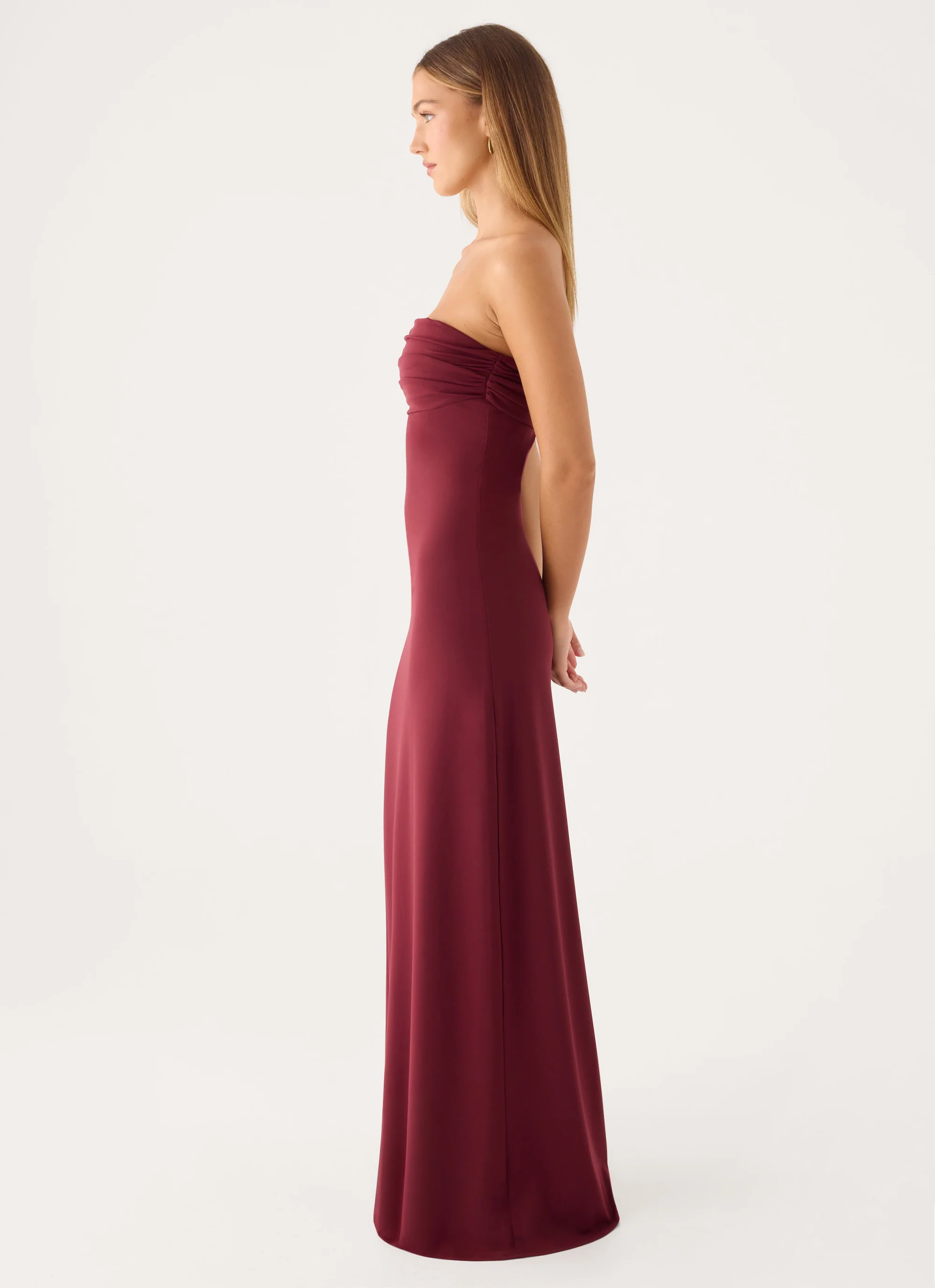 Almost Yours Strapless Maxi Dress - Burgundy - luluinthesky