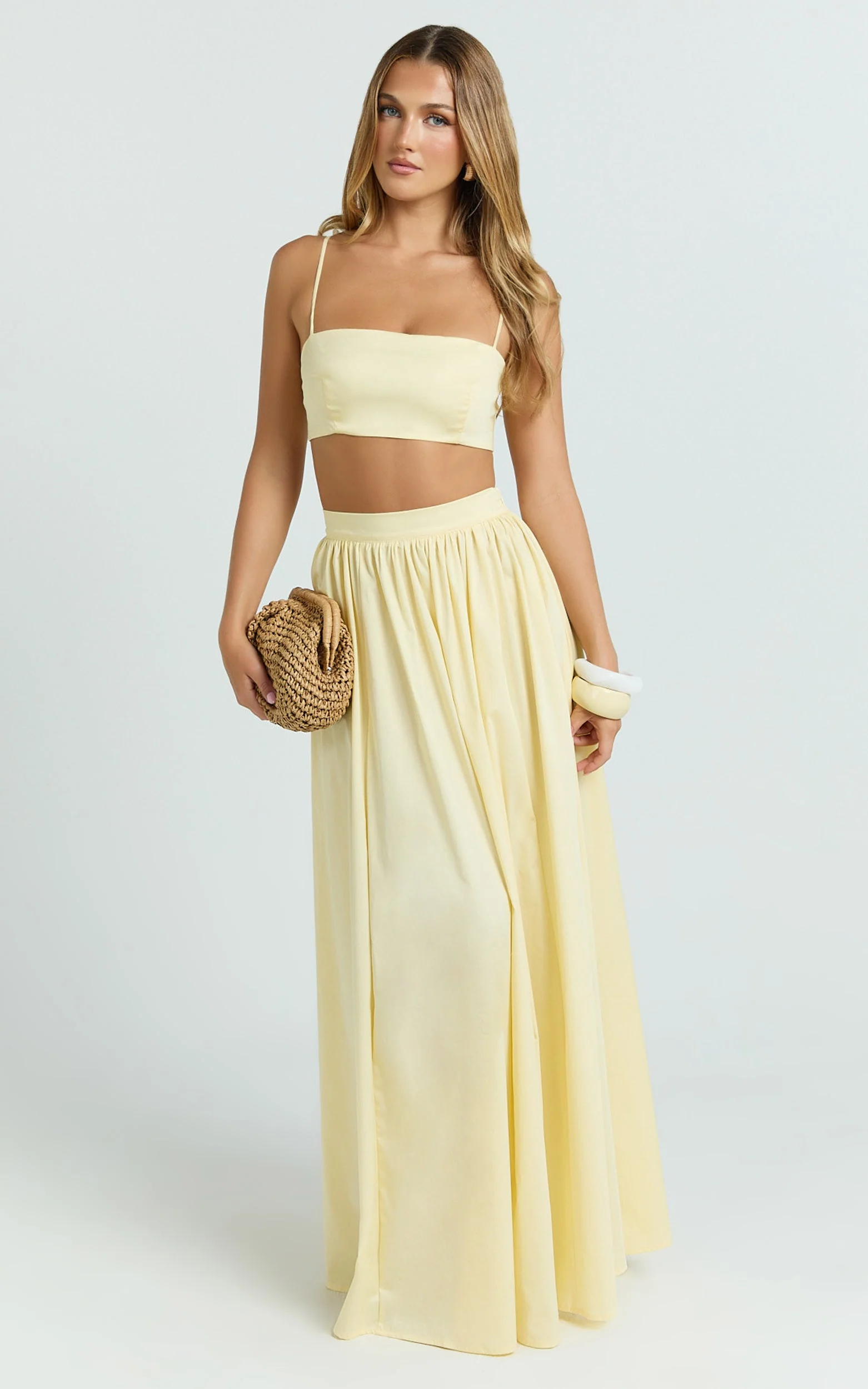 Tegan Two Piece Set - Straight Neck Micro Crop Top and A Line Maxi Skirt Set in Butter Yellow - luluinthesky