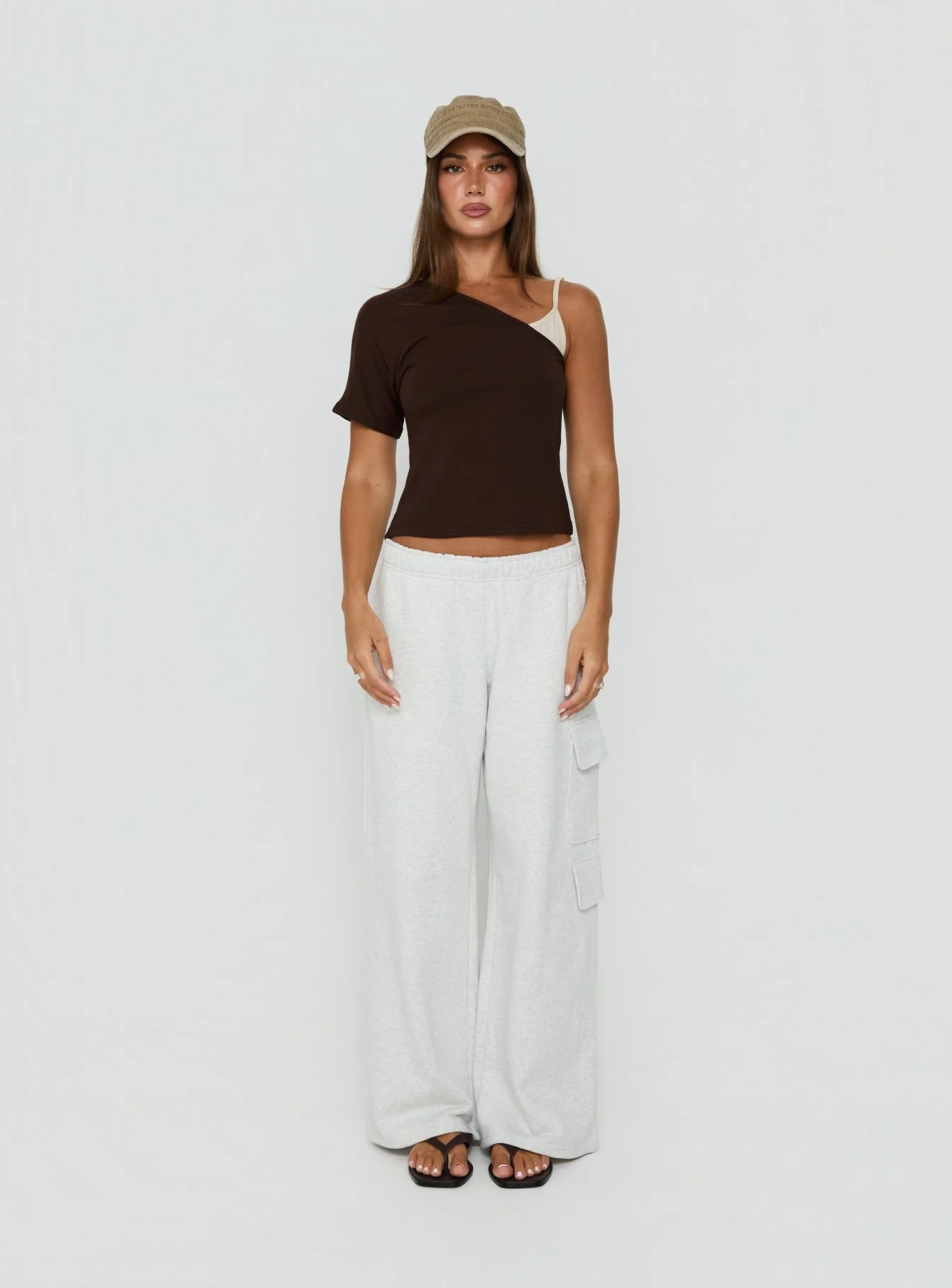 Lunea One Shoulder Contrast Top Brown / Cream