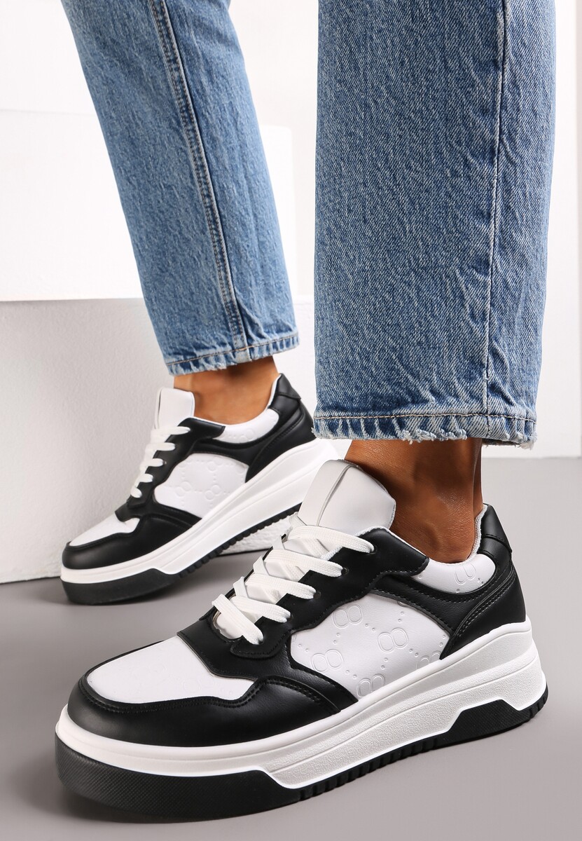 Czarno-Białe Sneakersy Sznurowane na Grubej Podeszwie Ainne