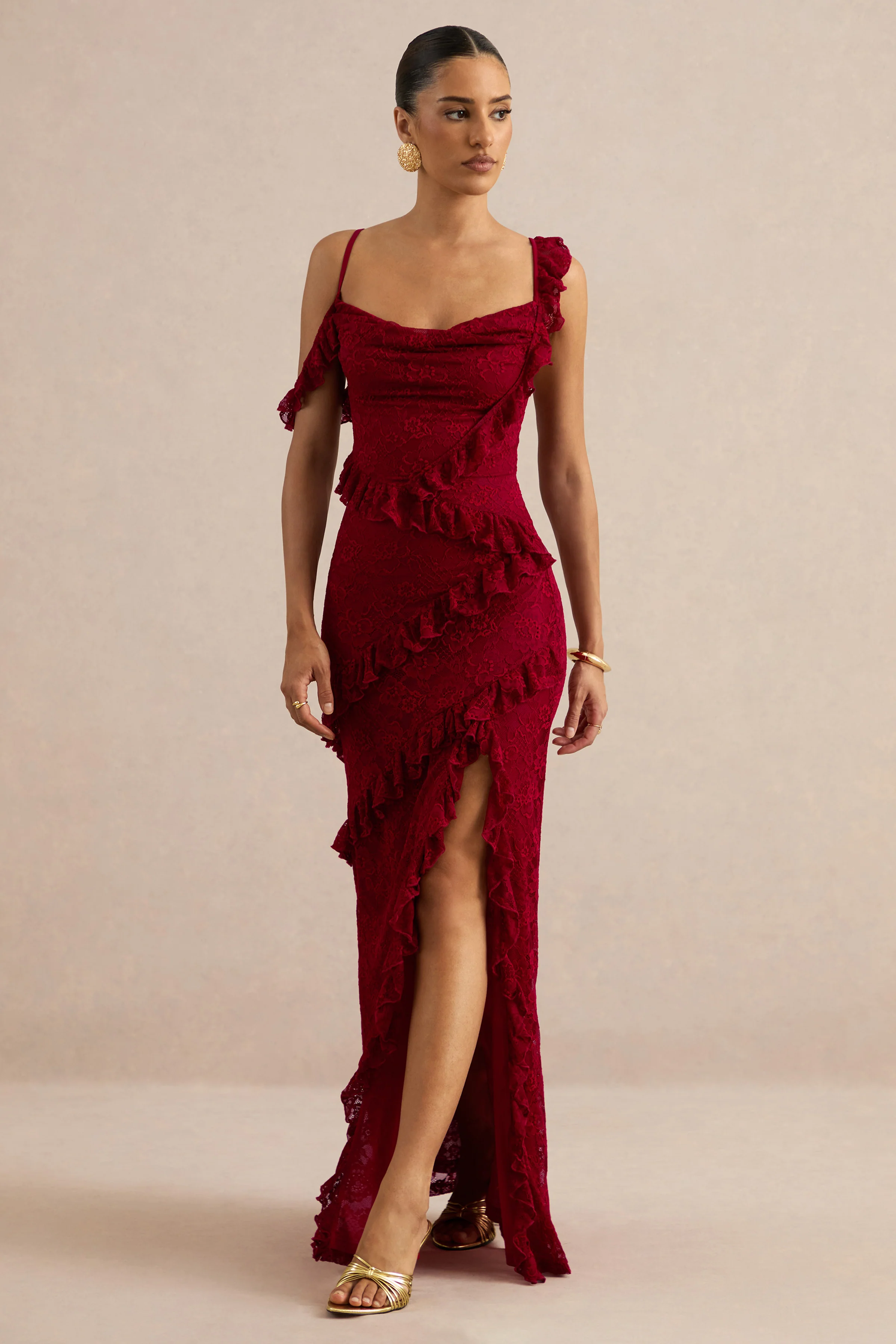 Sera | Red Lace Ruffle Trim Maxi Dress - FASHION NOB