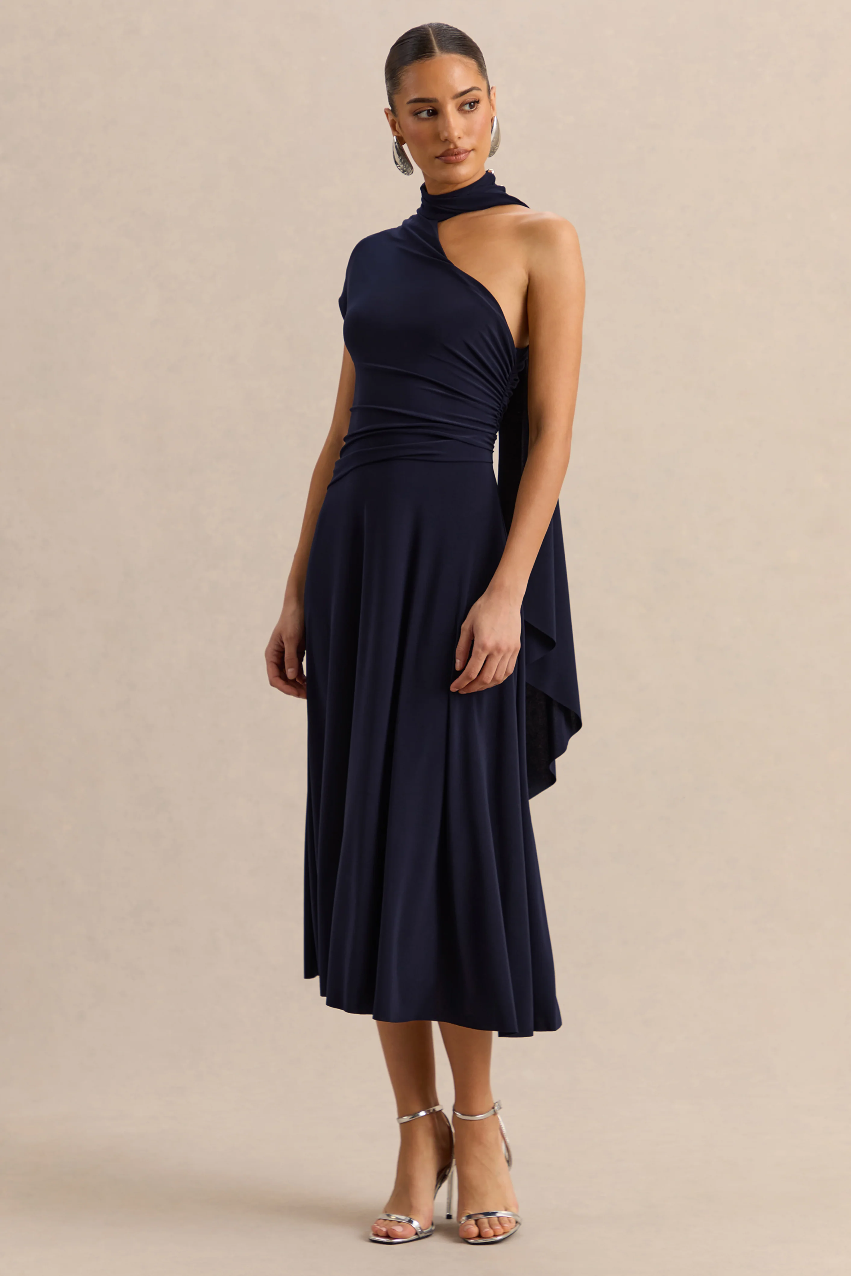 Lythara | Navy Asymmetric-Neck Midi Dress With Scarf-Detail