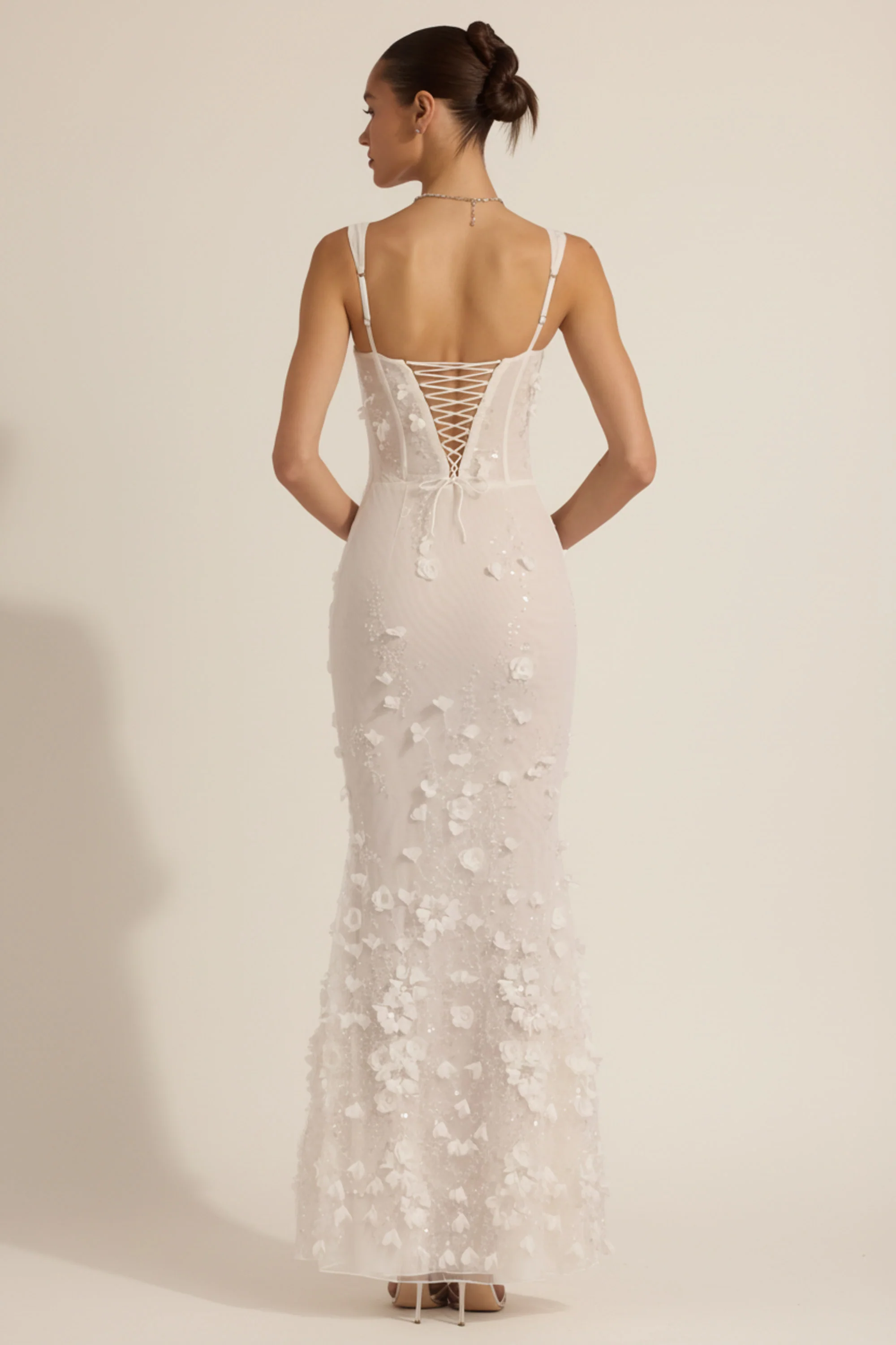 Embellished Appliqué Soft-Scoop Corset Gown in White