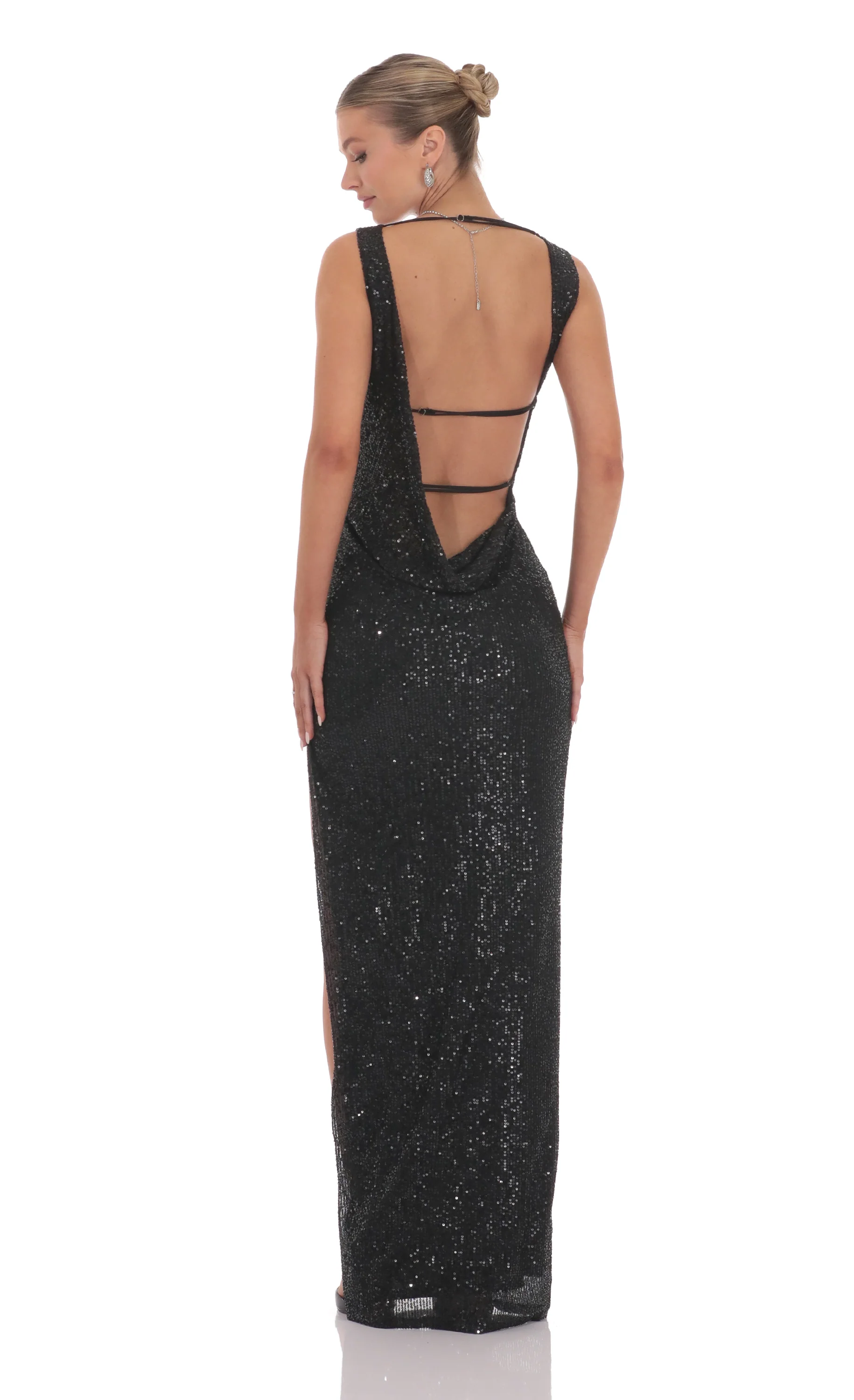 Sequin High Neck Open Back Maxi Dress in Black