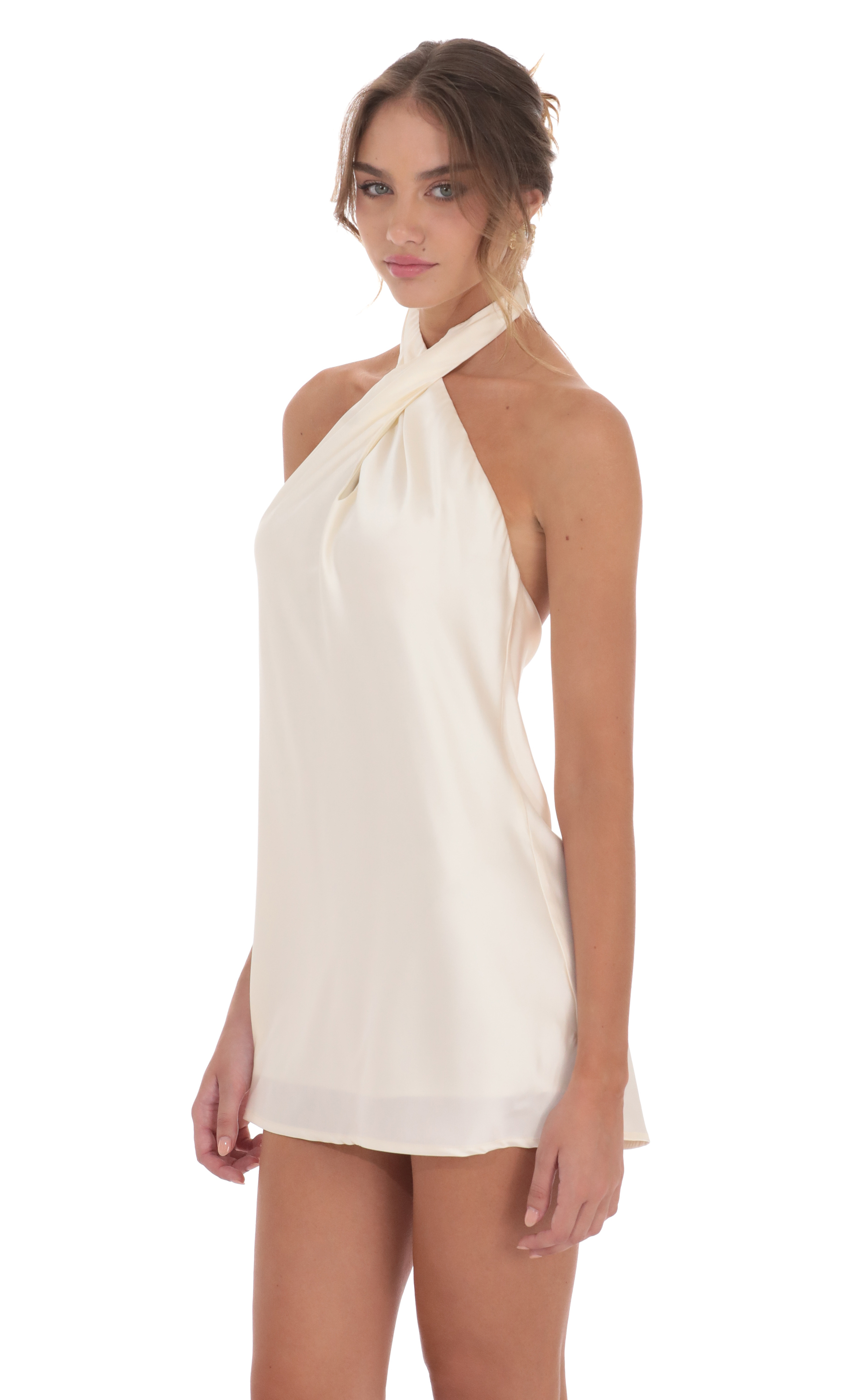 Satin Cross Halter Dress in Cream - luluinthesky