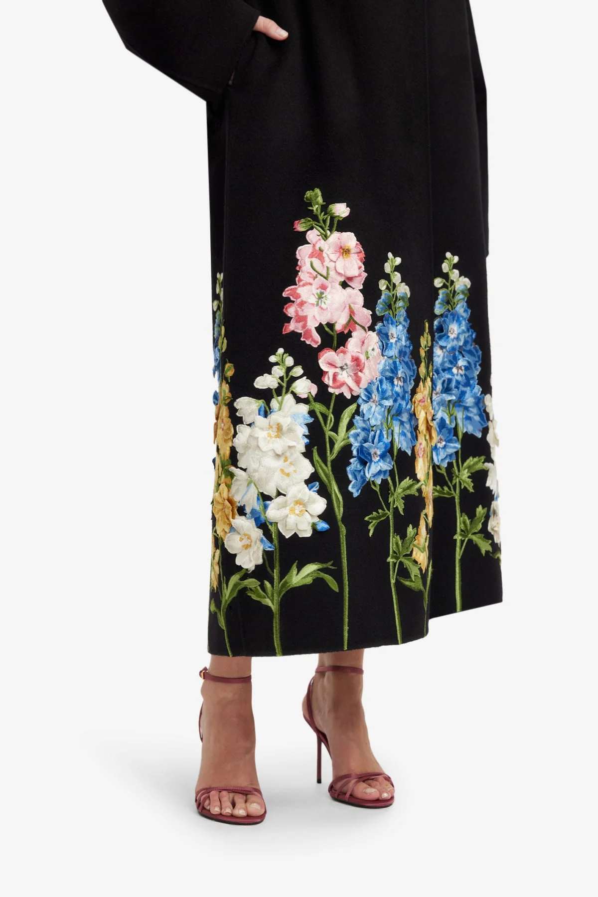 Joan Embroidered Wool Coat - Snapdragon Print in Ebony