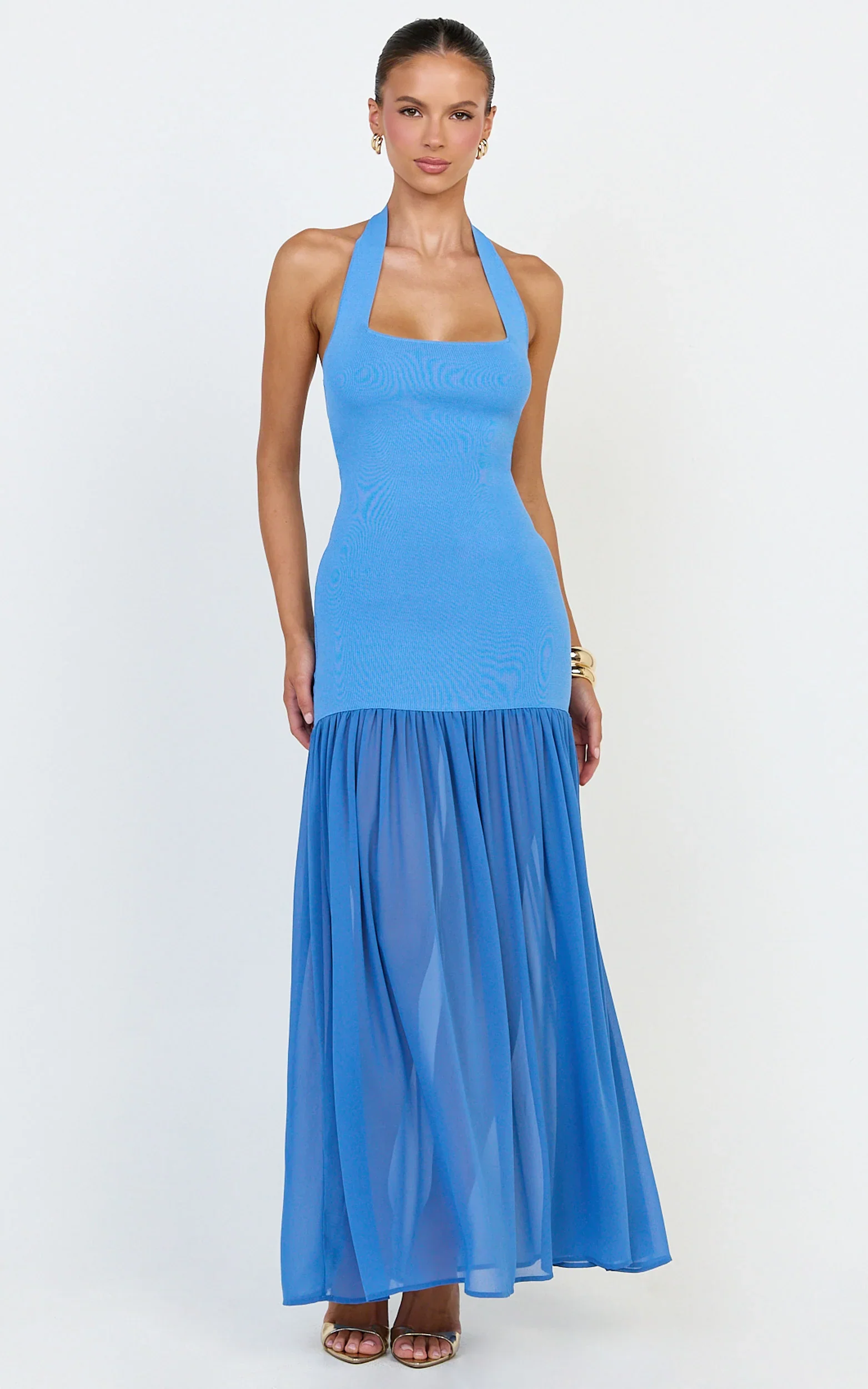 Barbara Maxi Dress - Halter Scoop Neck Contrast Georgette Dress in Cornflower Blue