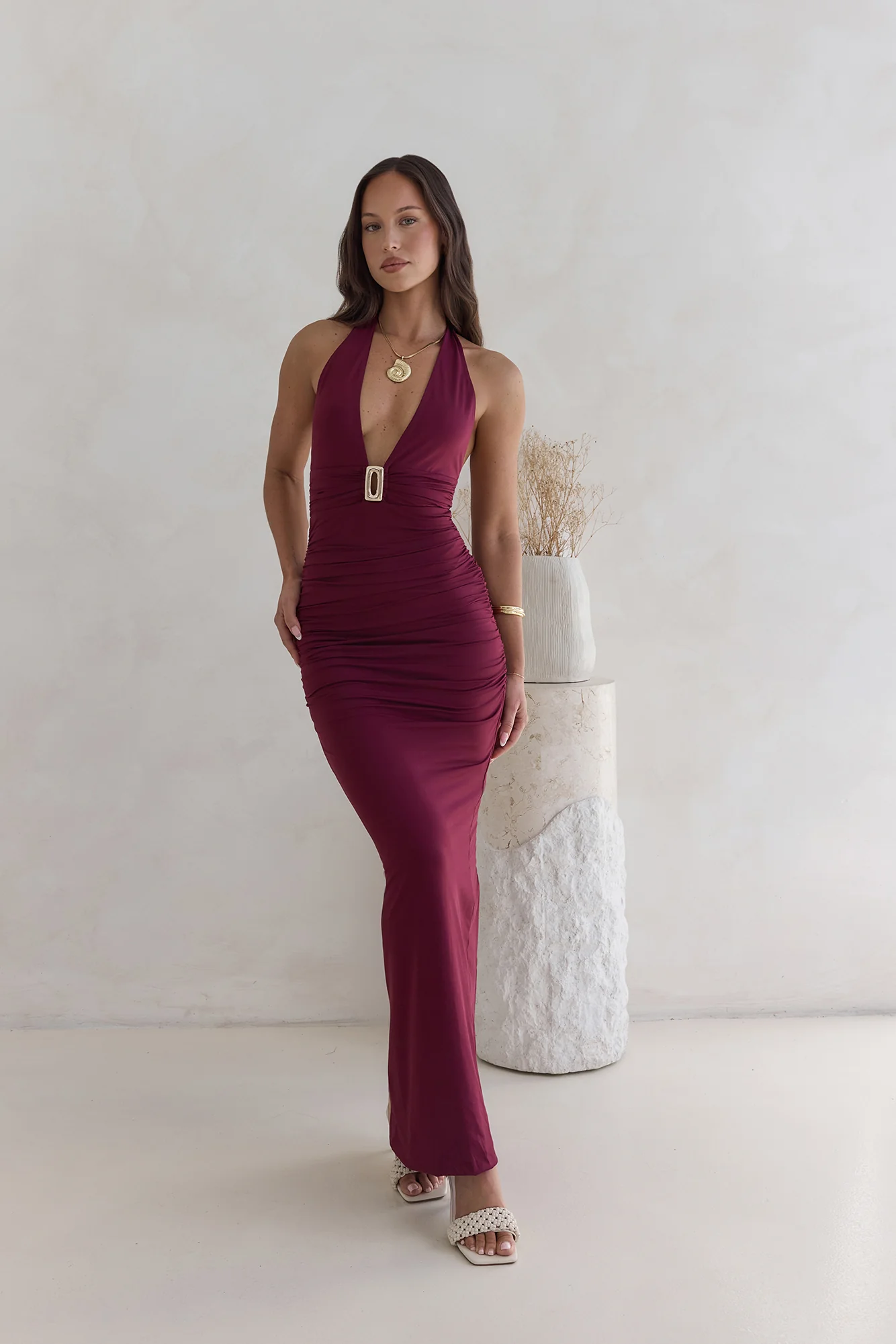Under The Stars Halter Maxi Dress Burgundy
