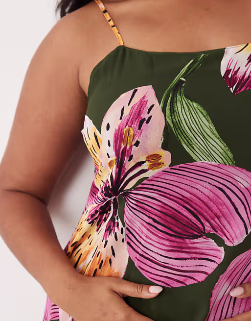 Vero Moda Curve cami maxi dress in olive green with overblown floral print