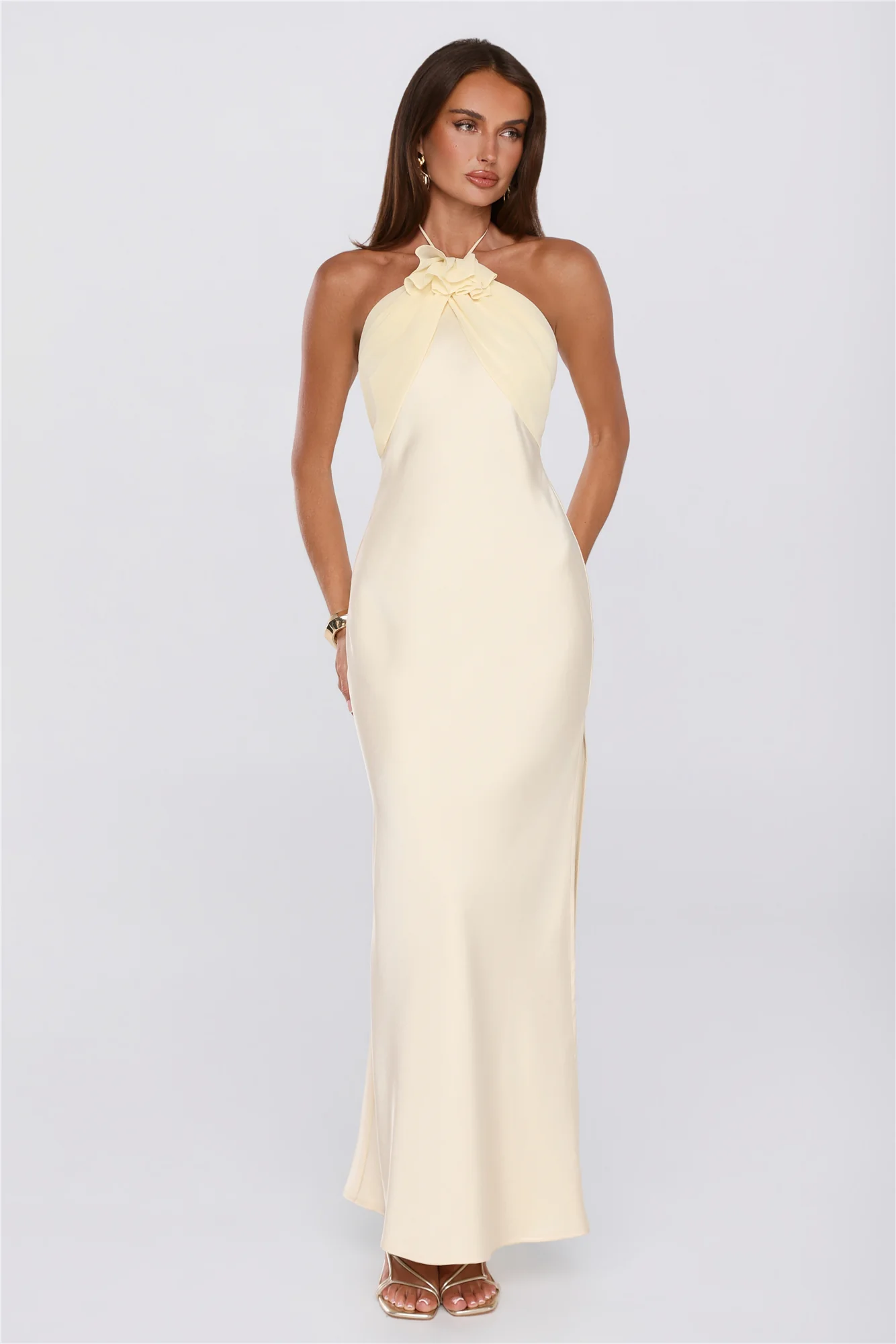 Irresistibly Sleek Halter Satin Maxi Dress Yellow - luluinthesky