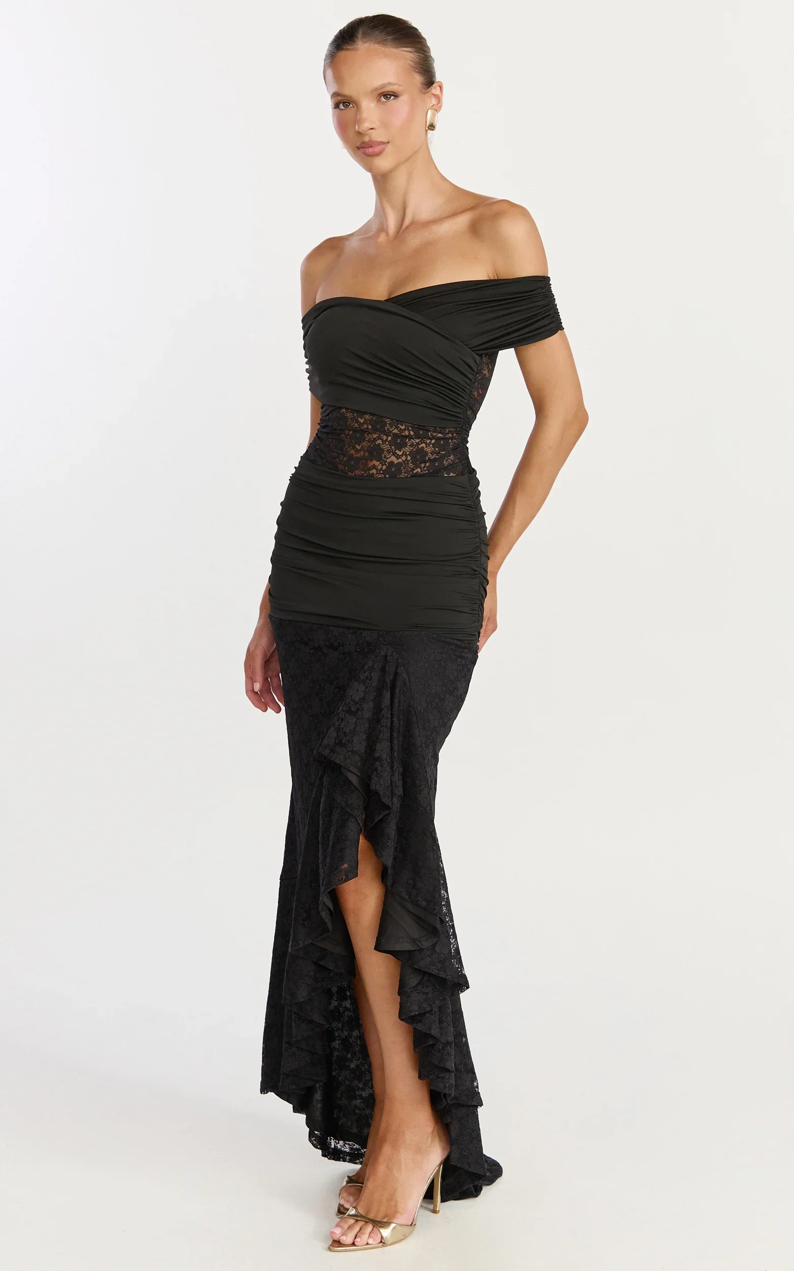 Kaia Maxi Dress - Off Shoulder Long Sleeve Ruffle Hem Lace Dress in Black