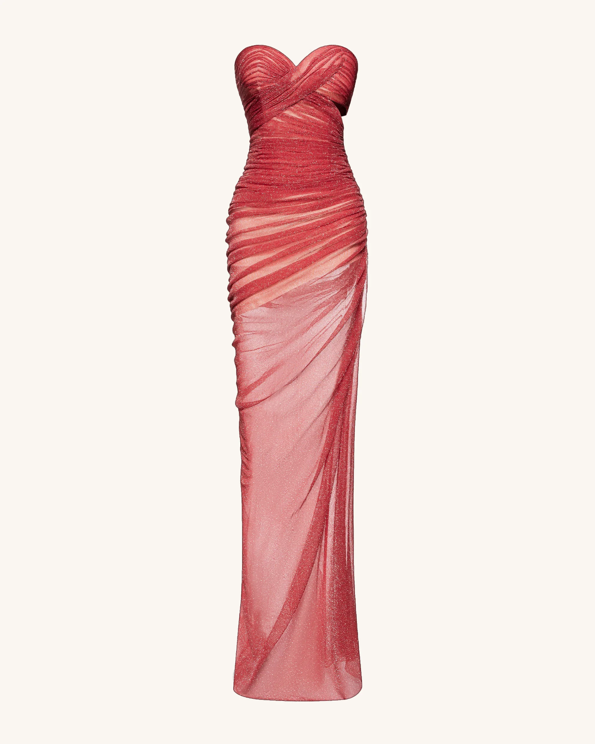 Mia Strapless Sheer Glitter Gown - Scarlet - FASHION NOB