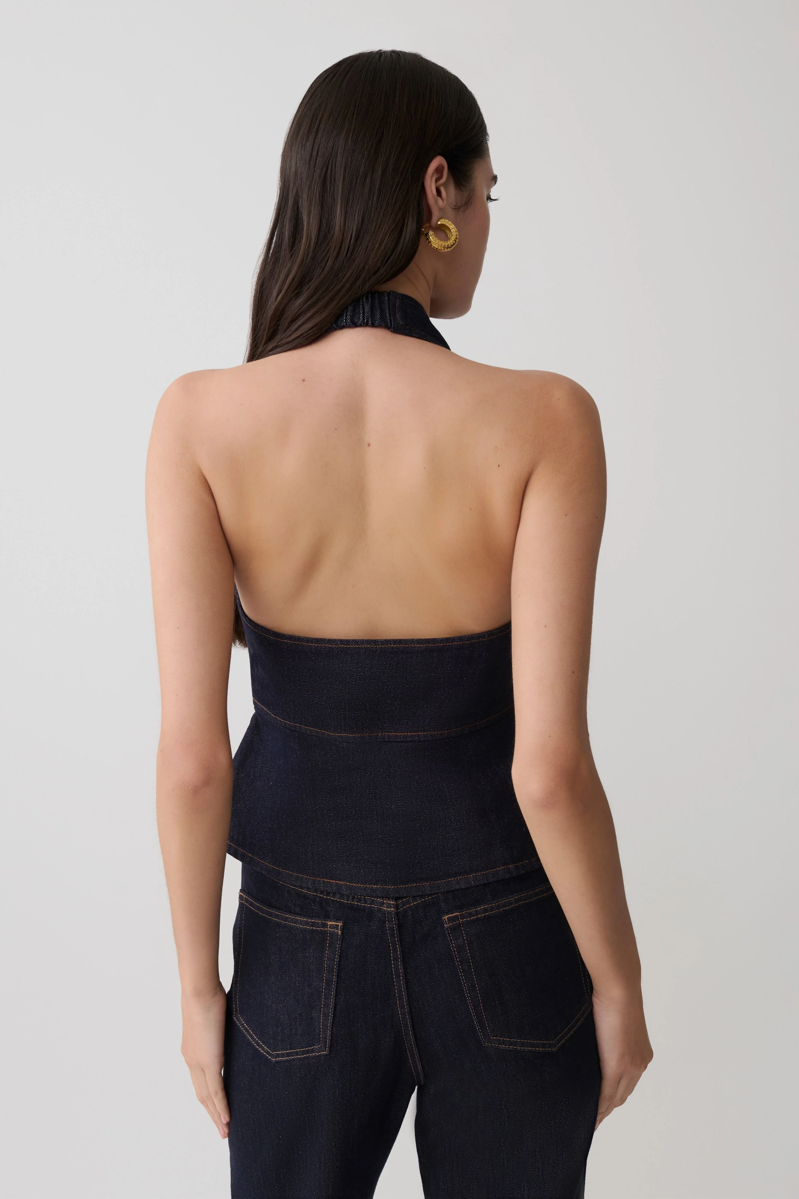 Rema Halter Longline Denim Top - Washed Indigo Blue