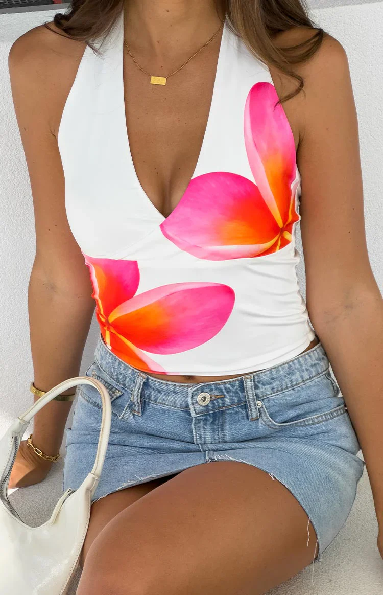 Amora White Frangipani Print Halter Top