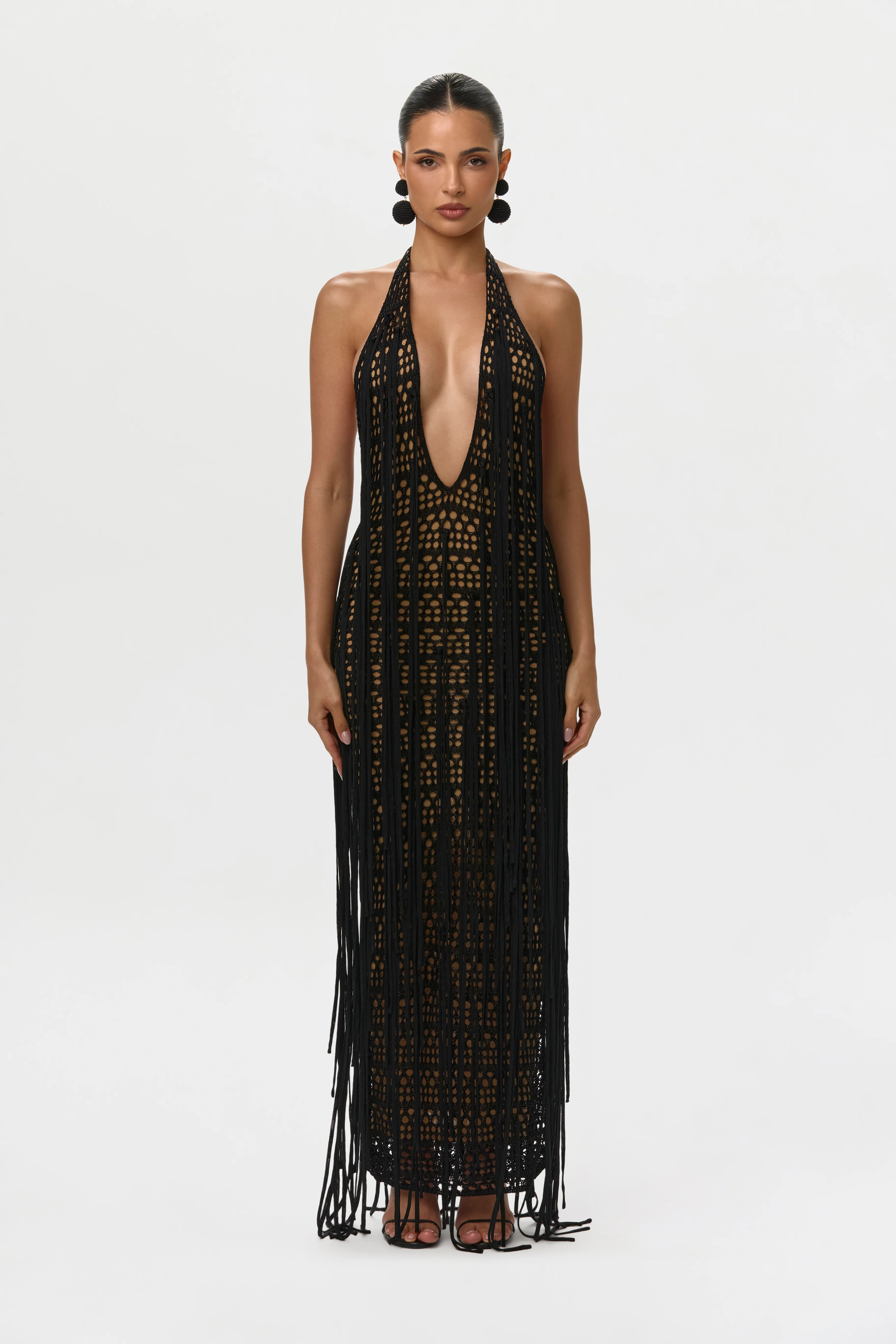 Crochet Plunge Fringe Maxi Dress
